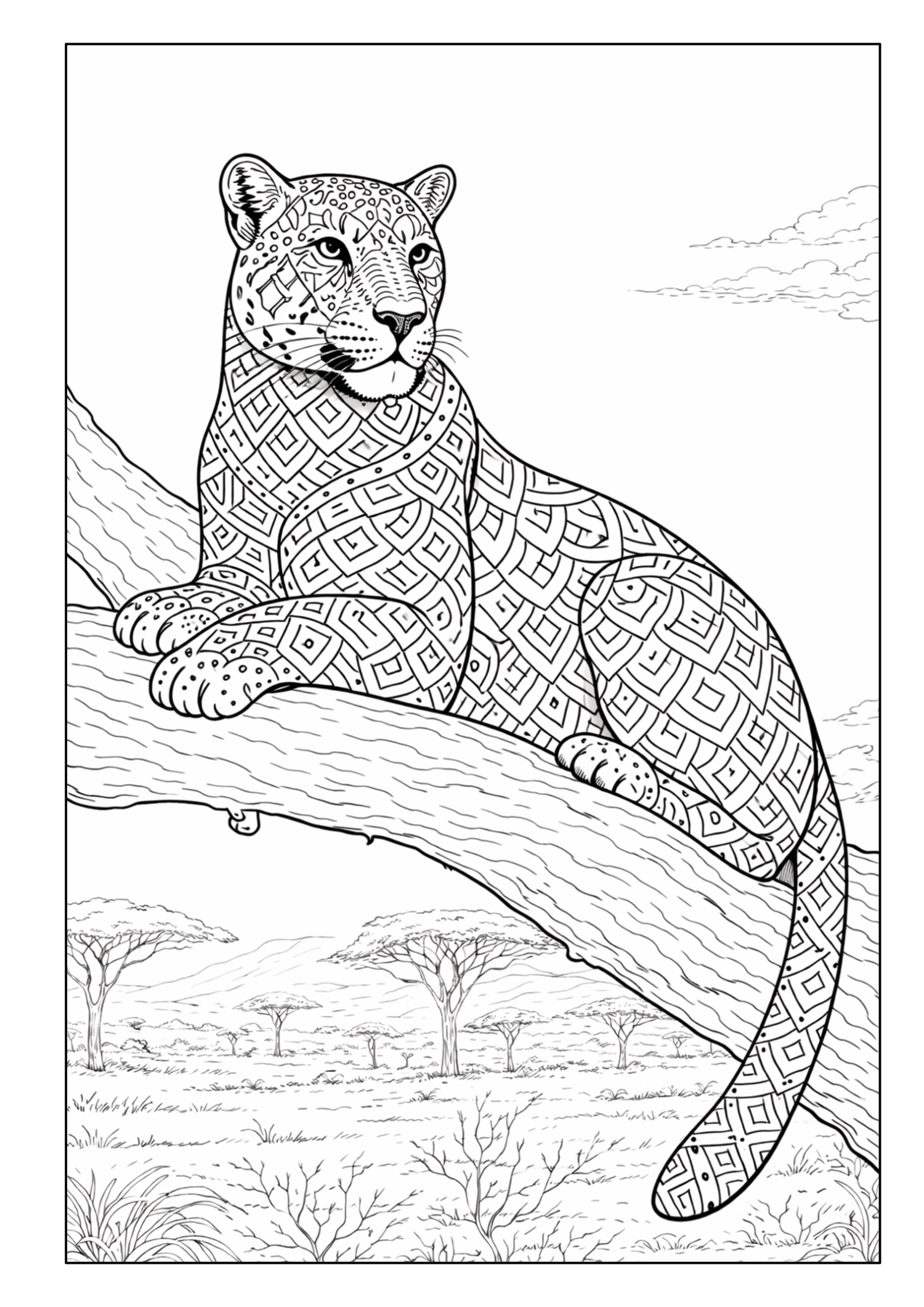 Gefleckte Großkatze mit geometrischen Mustern auf einem Ast vor einer Savannenlandschaft