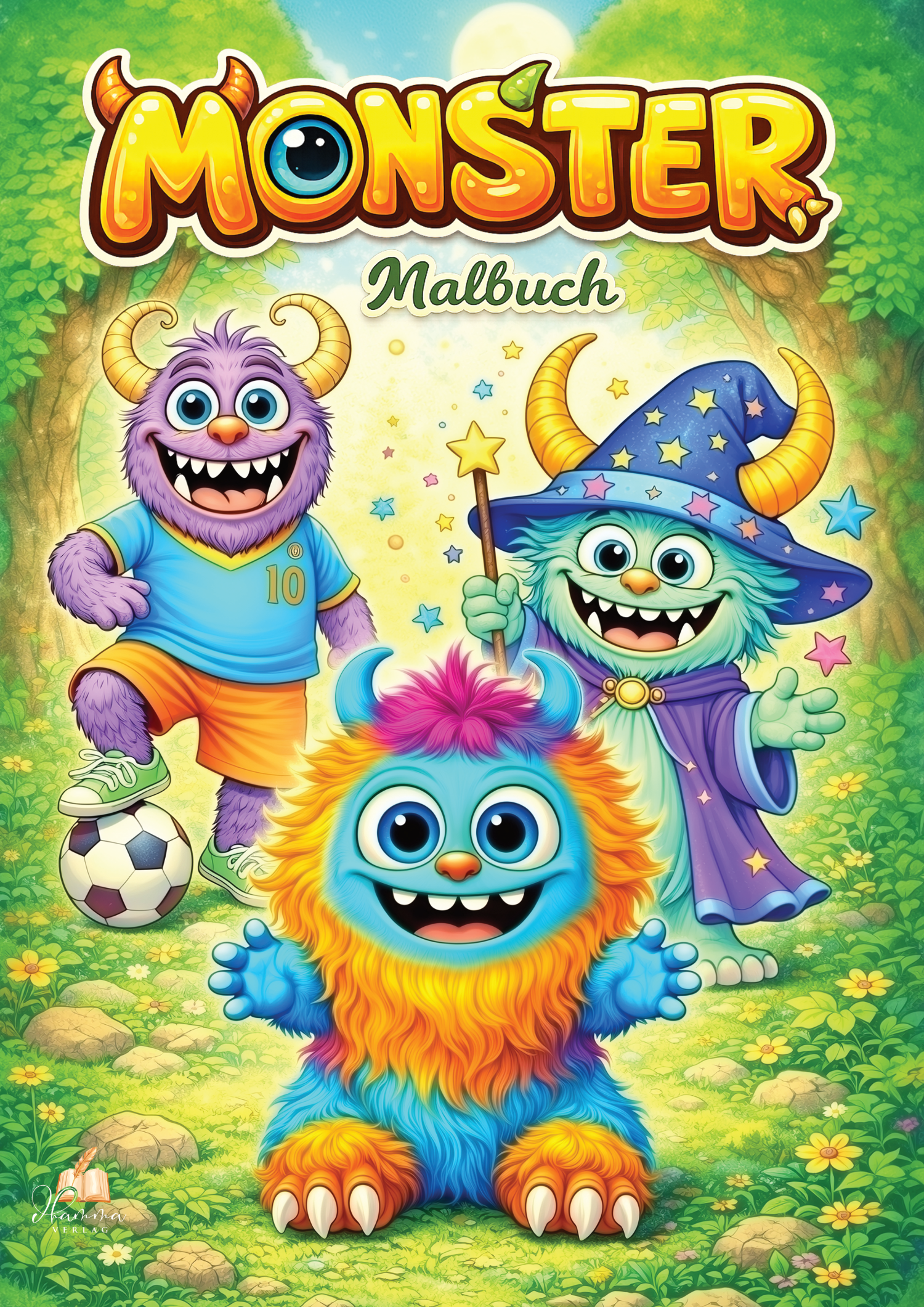 Cover mit drei bunten, freundlichen Monstern als Fußballspieler, Zauberer und fröhliche Fantasiefigur