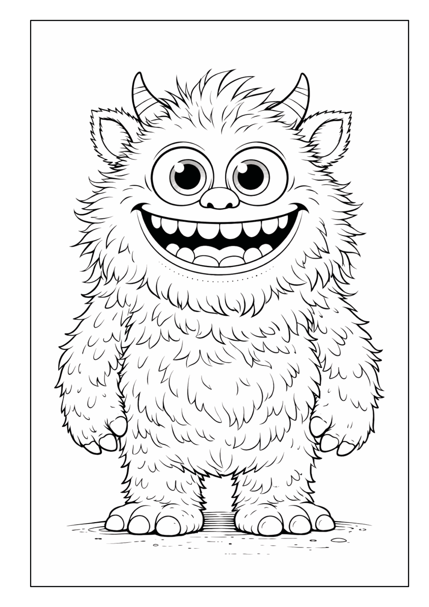Flauschiges Monster mit Hörnern, großen Augen und breitem Lächeln