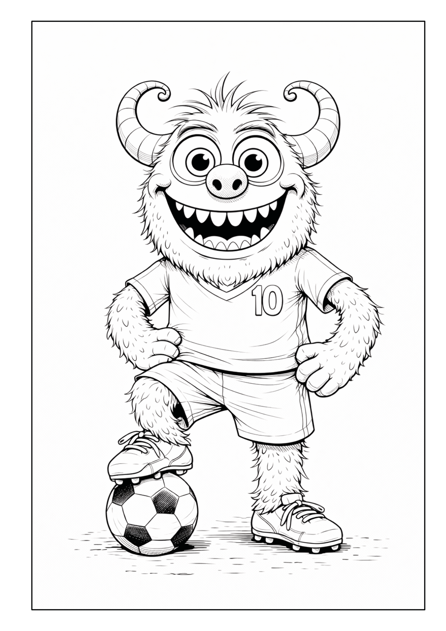 Fröhliches Monster im Fußballtrikot mit einem Fuß auf dem Fußball