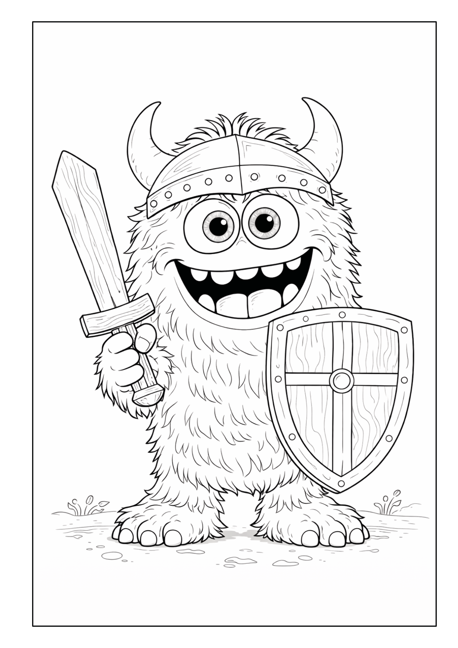 Monster als Wikinger mit Helm, Schwert und rundem Schild