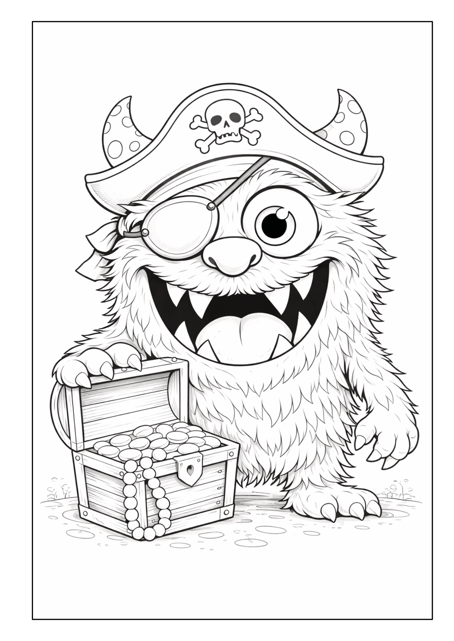 Monster als Pirat mit Augenklappe, Piratenhut und geöffneter Schatztruhe