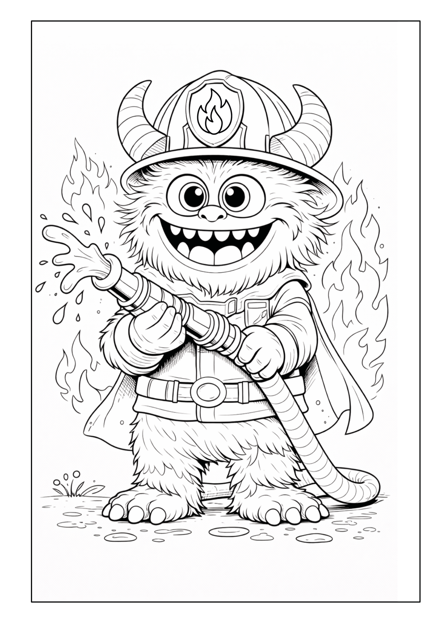 Monster als Feuerwehrmann mit Helm und Wasserschlauch zwischen Flammen