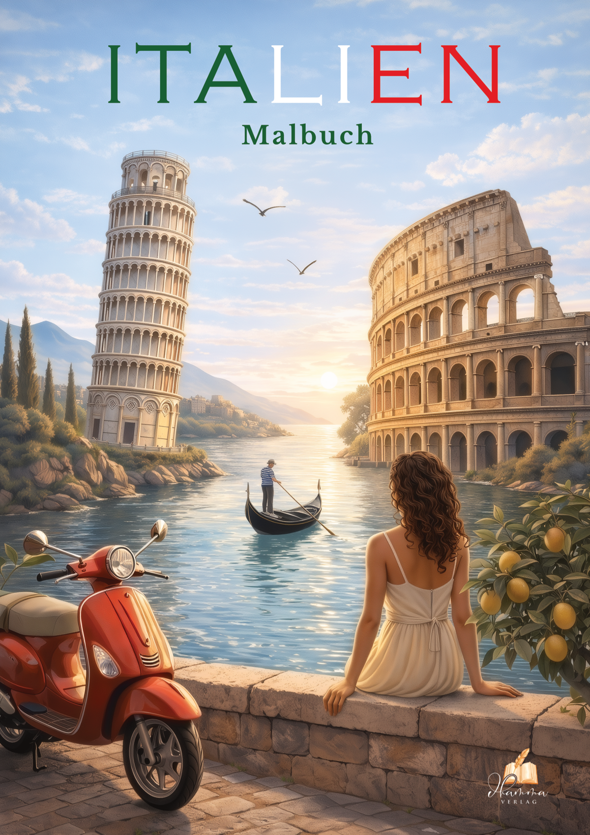 Cover mit Schiefem Turm von Pisa, Kolosseum, roter Vespa, Gondel und Frau vor mediterraner Küstenlandschaft