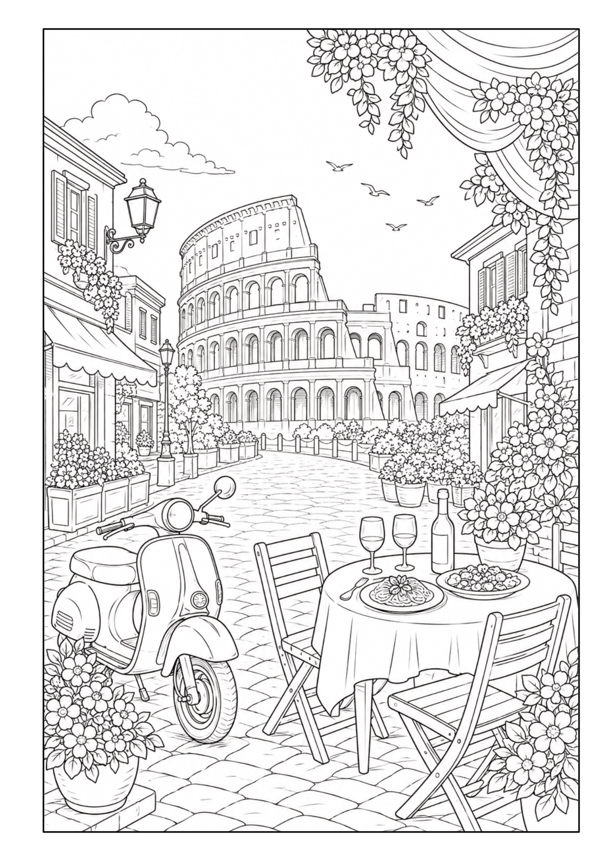 Kolosseum in Rom mit Vespa, Straßencafé, Blumen und italienischen Häusern