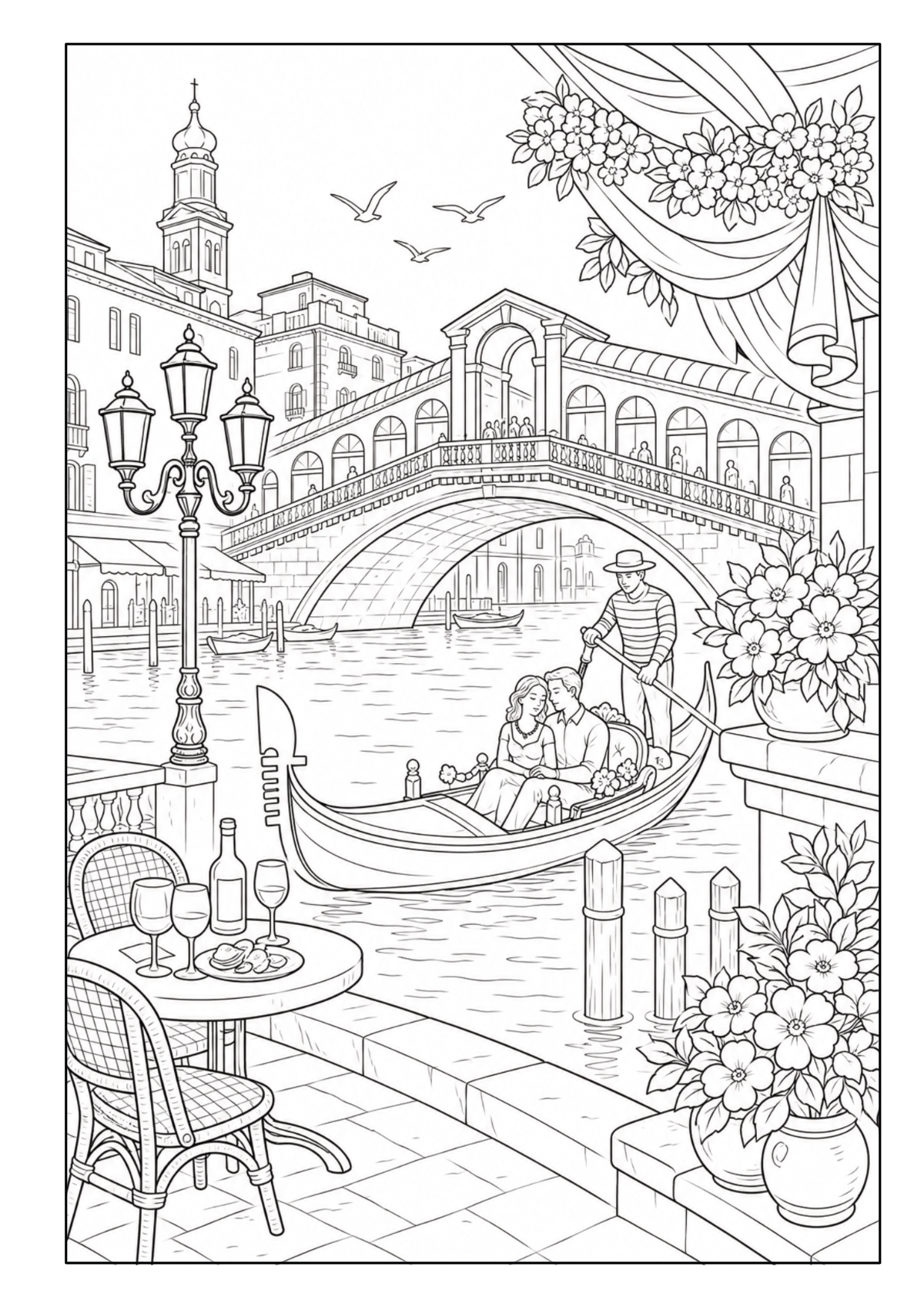 Rialtobrücke in Venedig mit Gondel, Kanal, Café und Blumen
