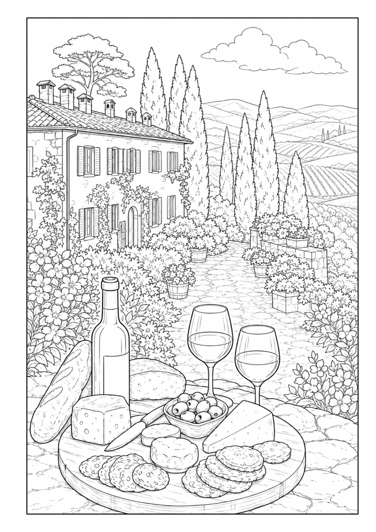Italienisches Landhaus zwischen Weinbergen mit Wein, Käse und Gebäck im Vordergrund