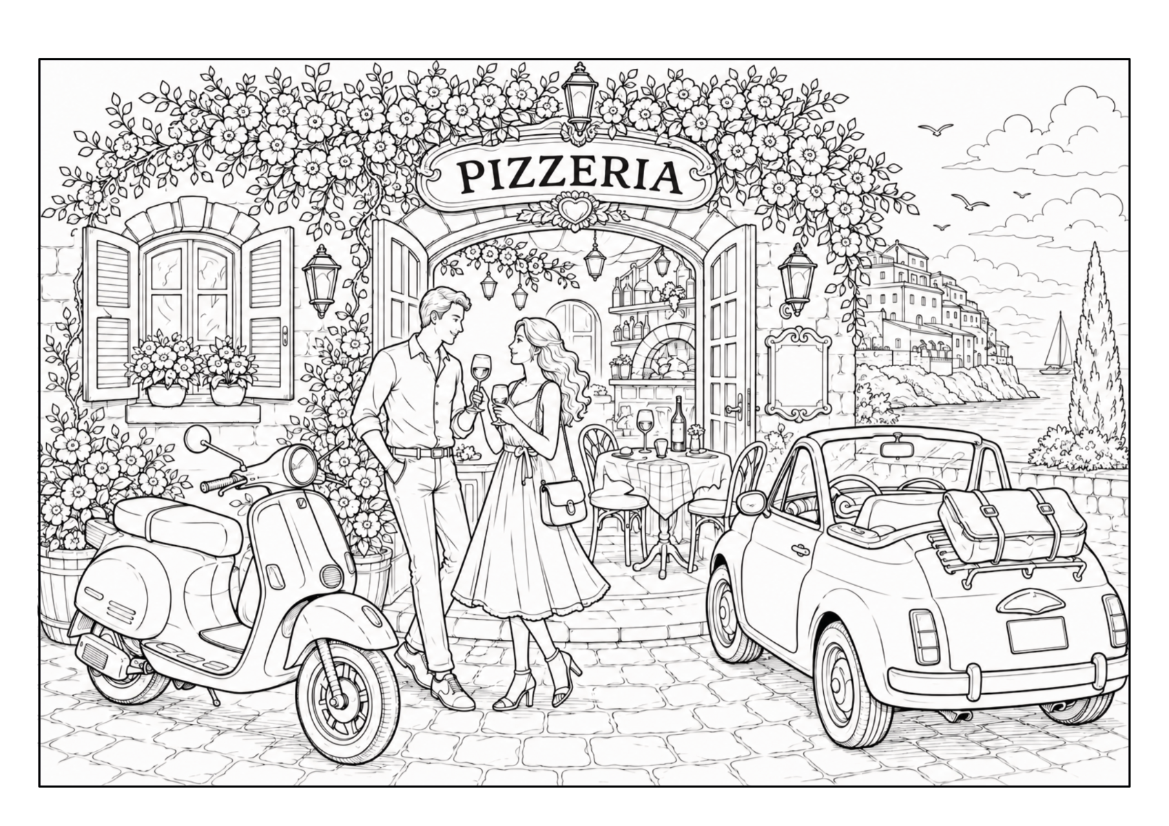 Italienische Pizzeria mit Gästen, Vespa und kleinem Auto vor dem Restaurant