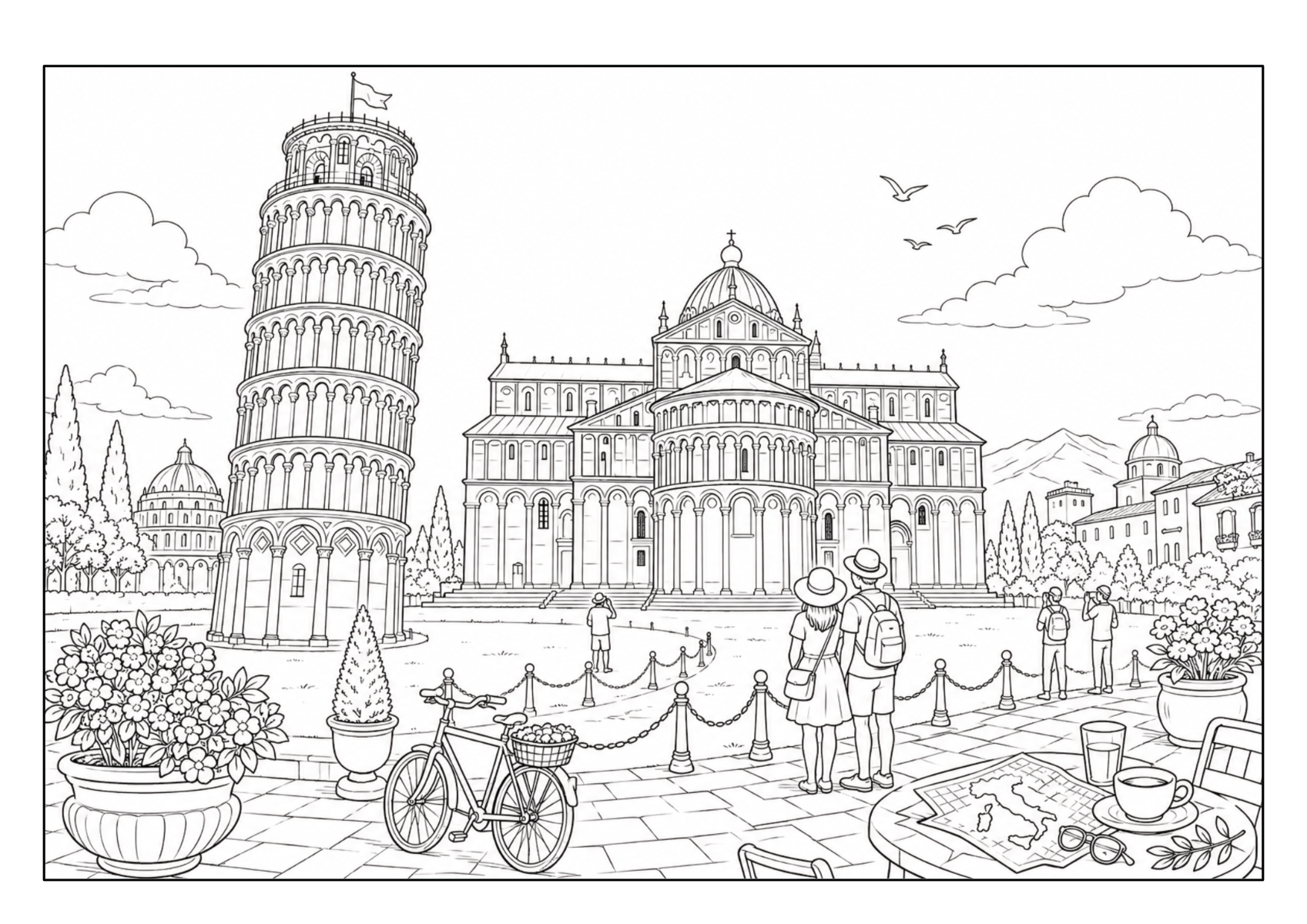 Schiefer Turm von Pisa mit Dom, Besuchern, Fahrrad und Caféterrasse