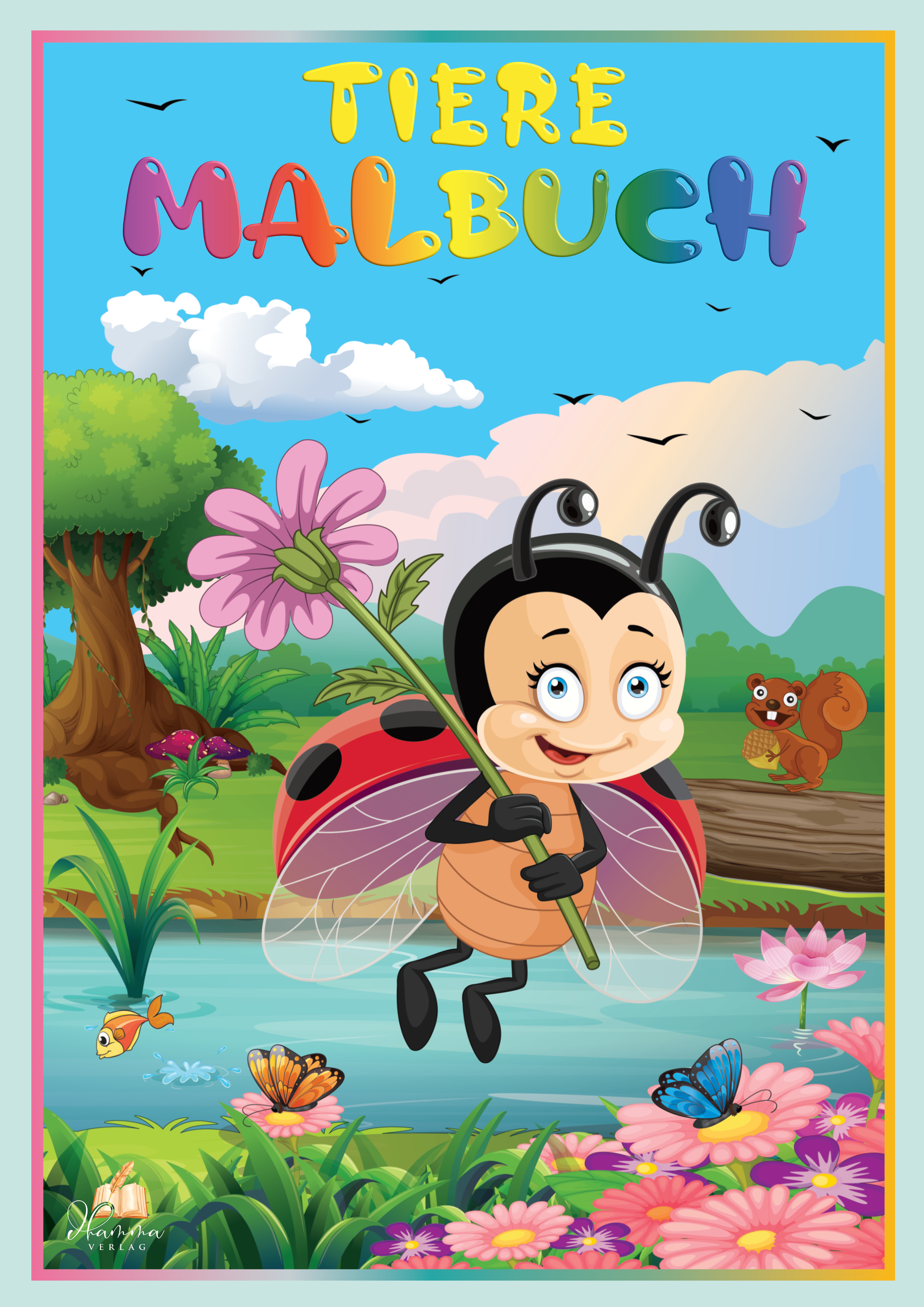 Cover mit fröhlichem Marienkäfer vor Blumen, Teich und bunter Naturlandschaft