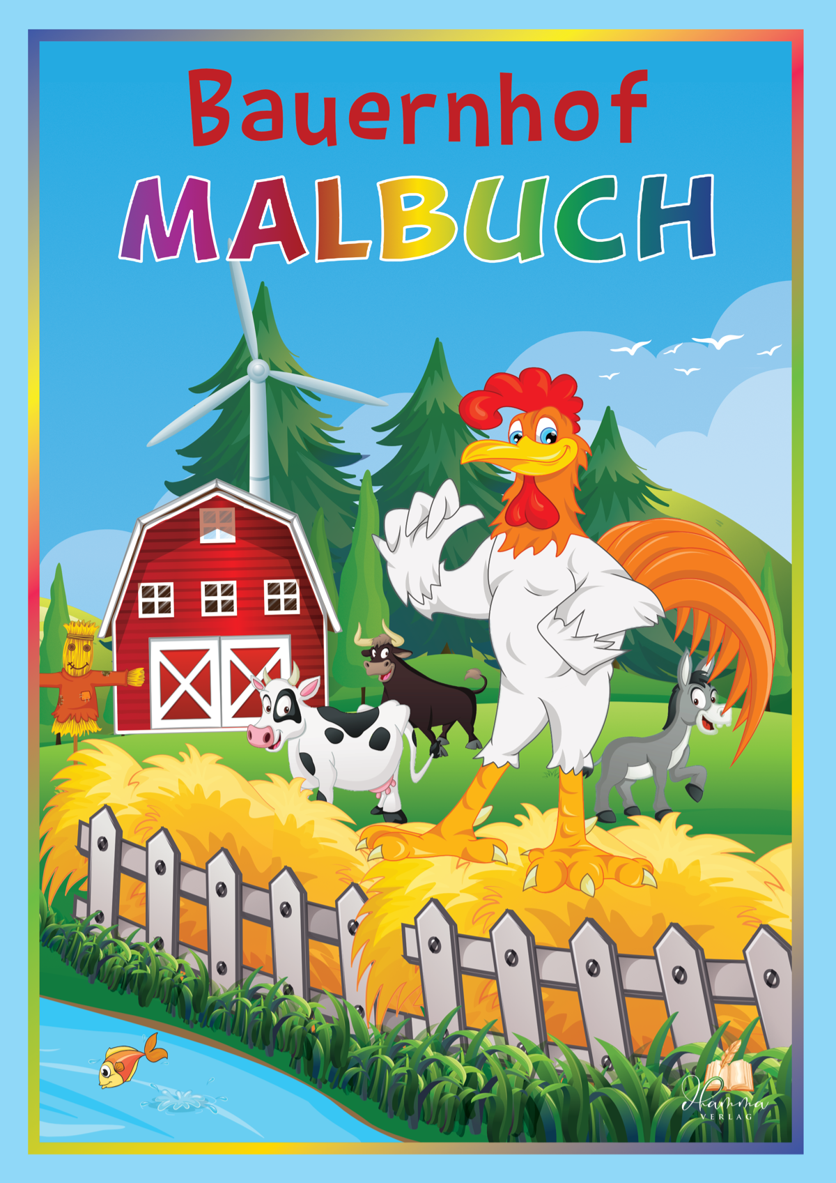 Cover mit Hahn, Kuh, Ziege und weiteren Bauernhoftieren vor einer roten Scheune mit Windrad