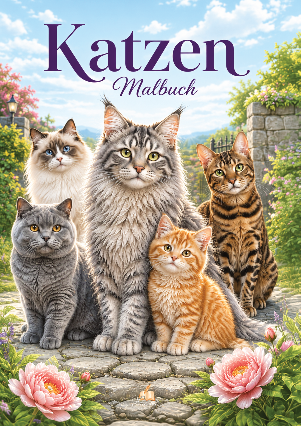 Cover mit fünf unterschiedlich gefärbten Katzen auf einem Gartenweg zwischen Blumen und Bäumen