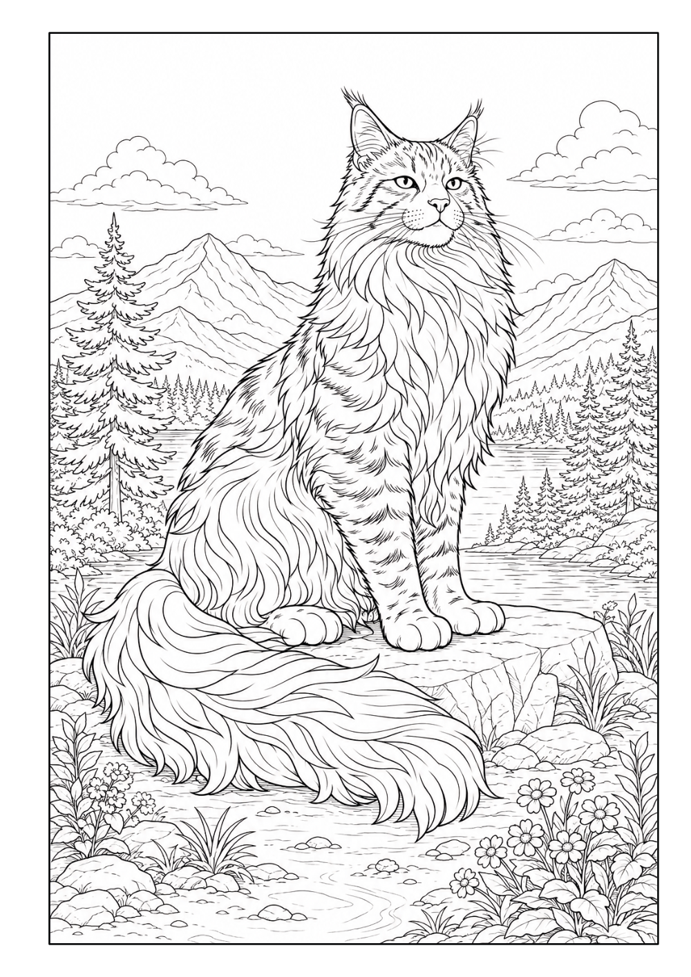 Langhaarige Katze auf einem Felsen vor Bergen, Wald und einem See