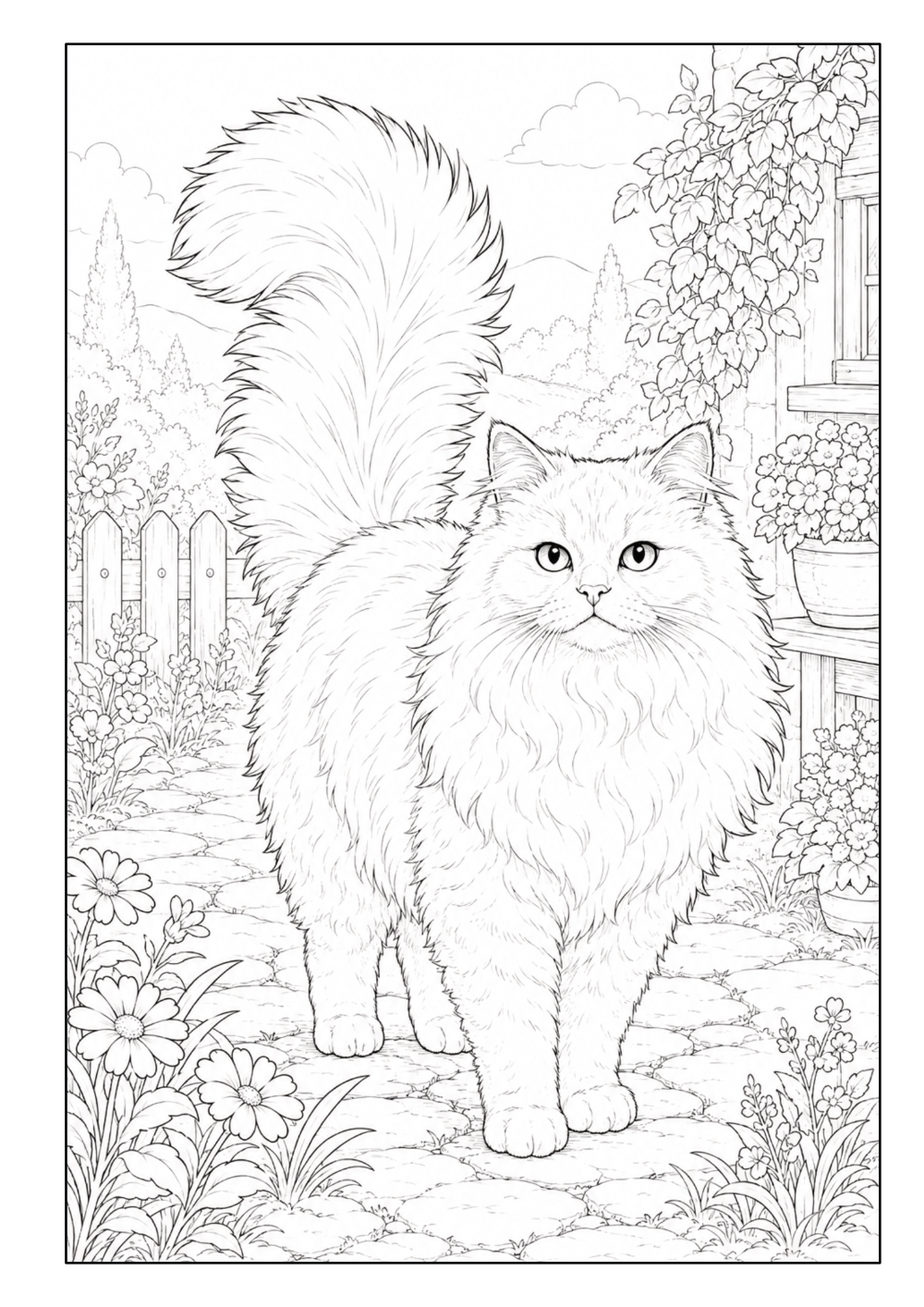 Flauschige Katze mit hoch aufgerichtetem Schwanz auf einem Gartenweg zwischen Blumen