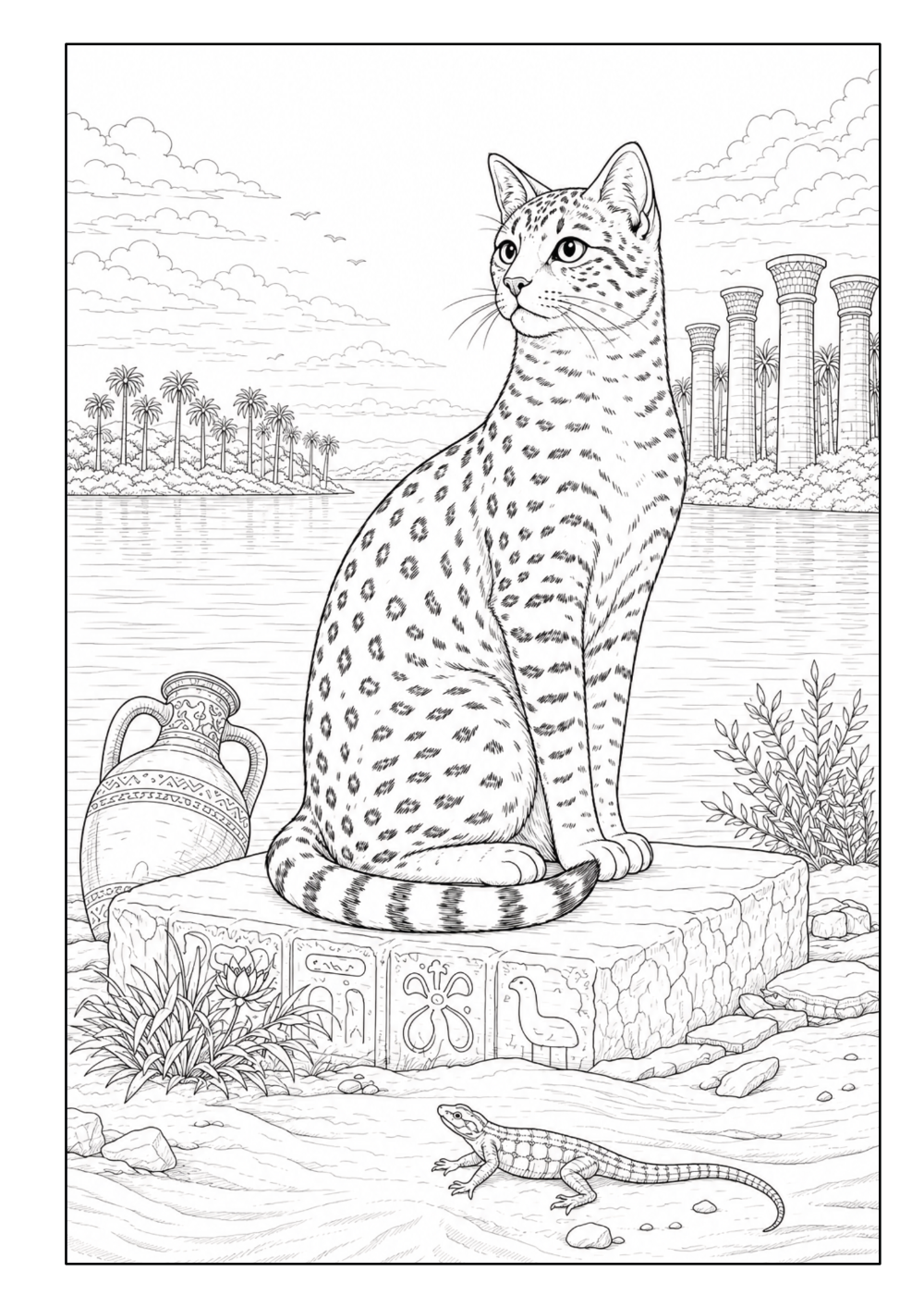 Gefleckte Katze auf einem verzierten Stein vor einer Landschaft mit Palmen und historischen Säulen