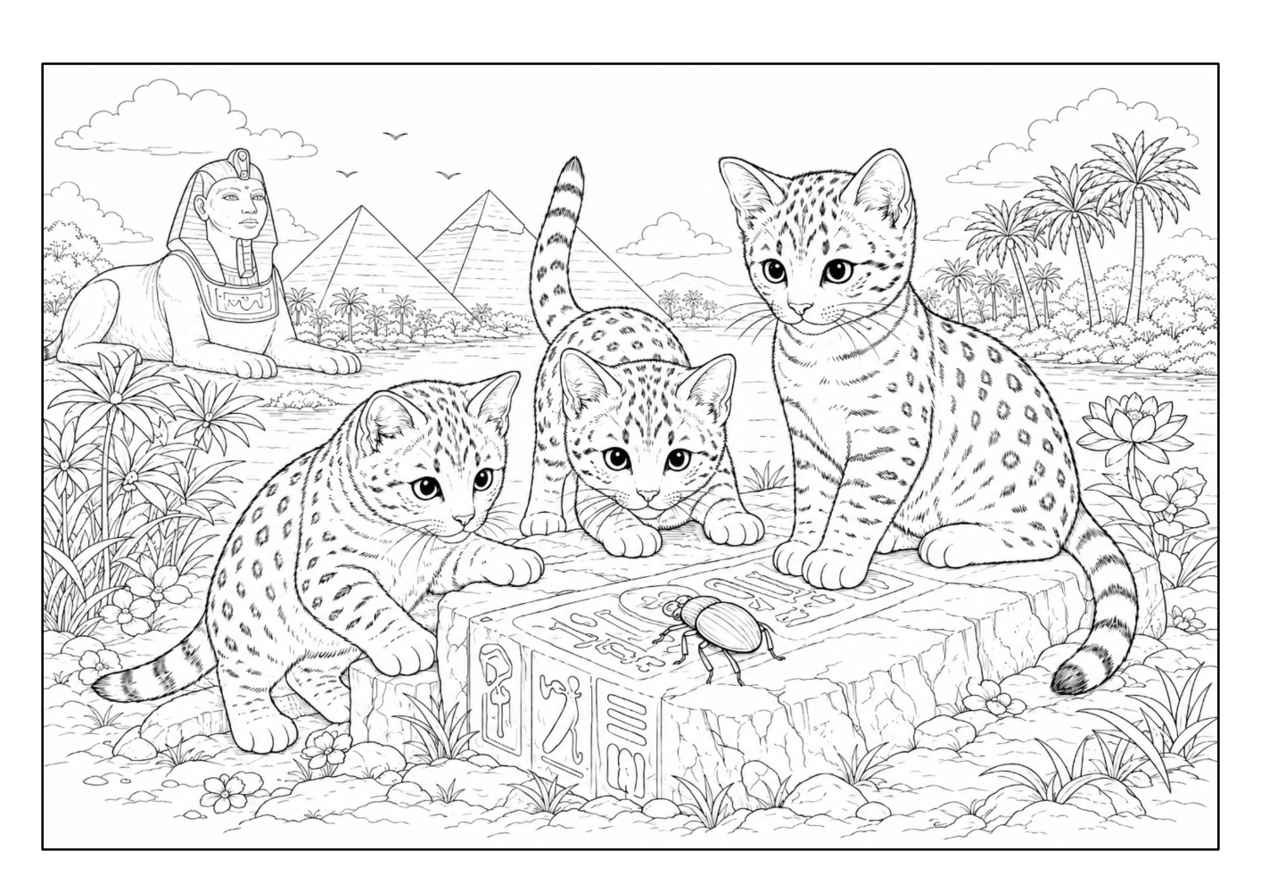 Drei Katzen untersuchen eine verzierte Kiste in einer Landschaft mit Palmen und Pyramiden