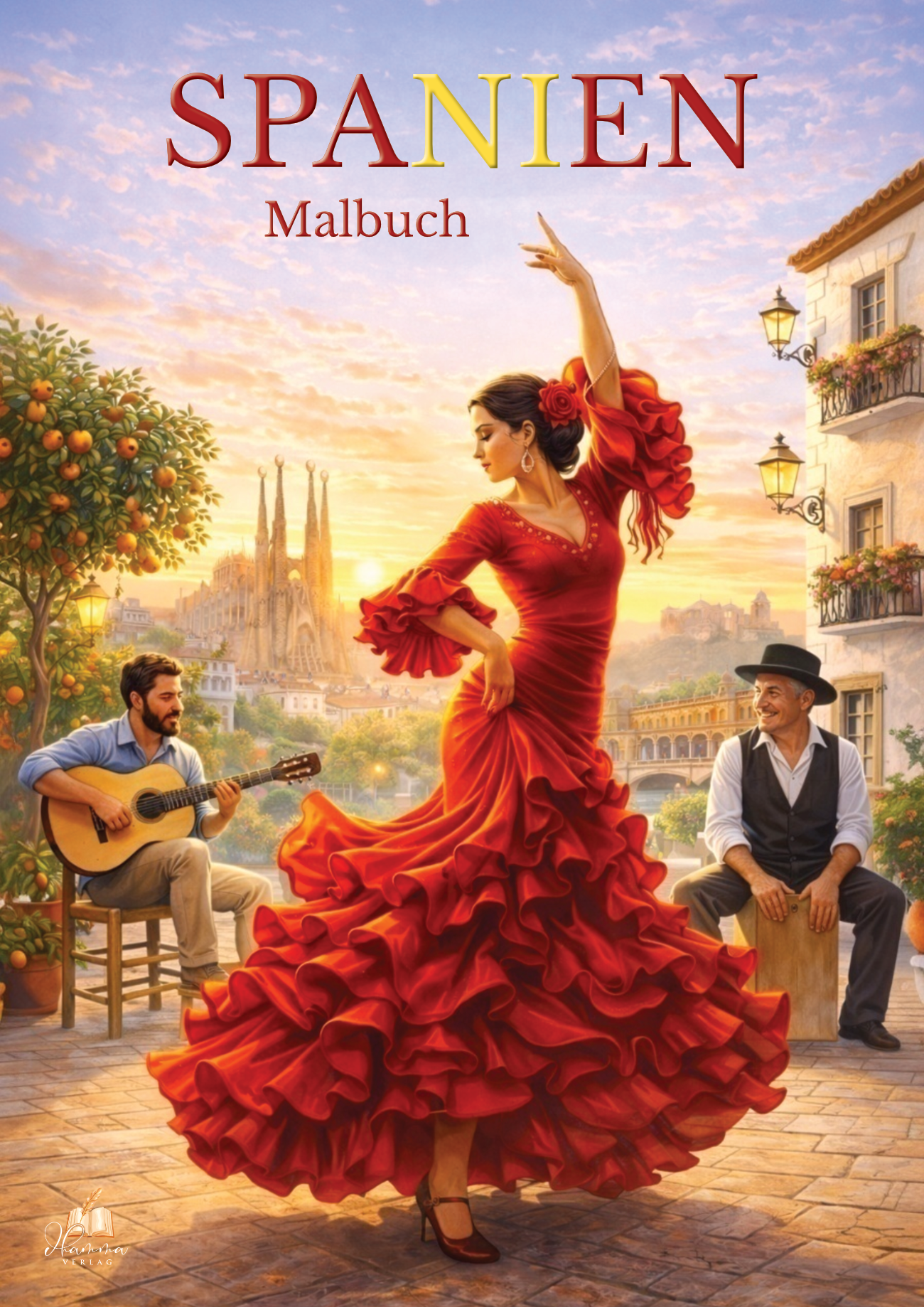 Cover mit Flamenco-Tänzerin in rotem Kleid, Gitarrenspieler und sitzendem Mann auf einem mediterranen Platz