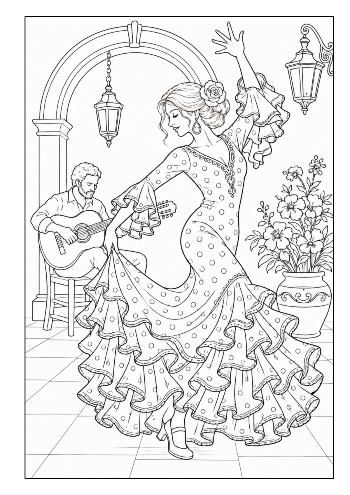 Flamenco-Tänzerin mit Gitarrenspieler auf einem spanischen Innenhof mit Blumen
