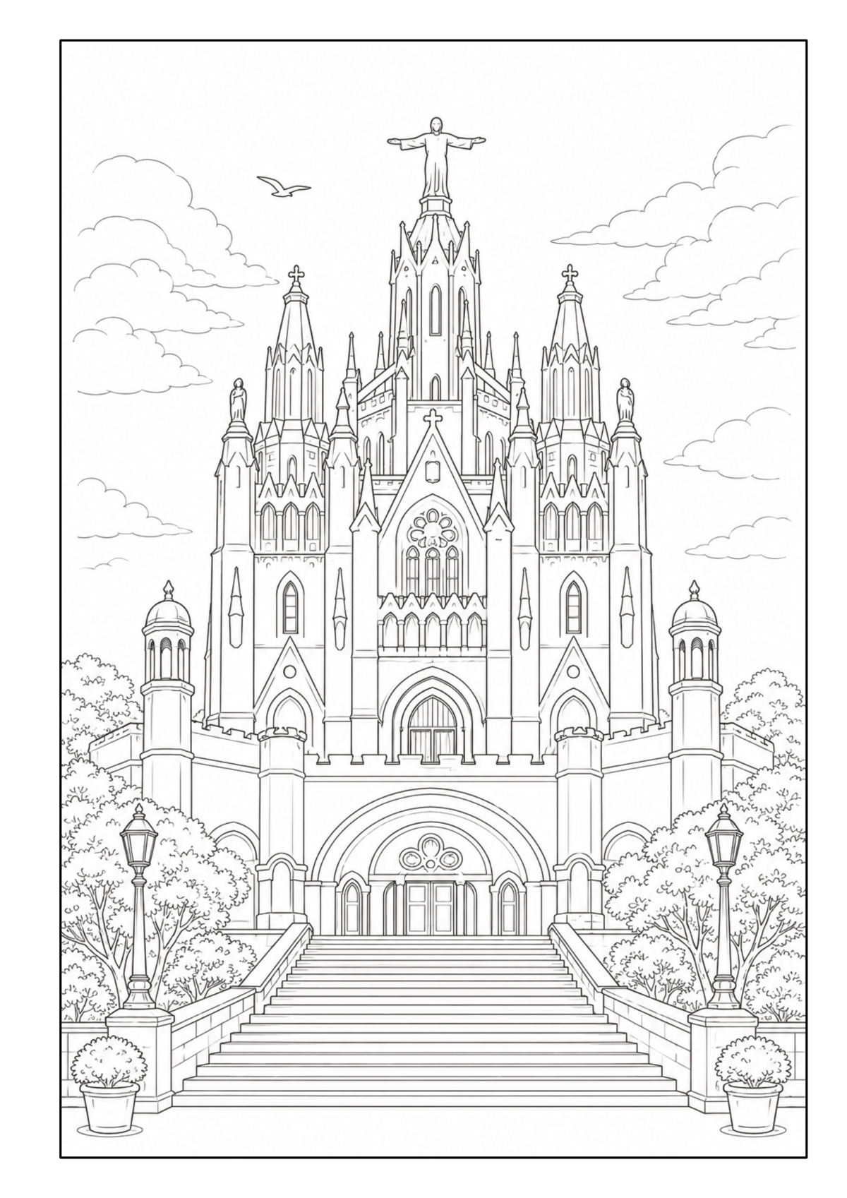 Monumentale Kirche auf einer Anhöhe mit breiter Freitreppe und Gartenanlage