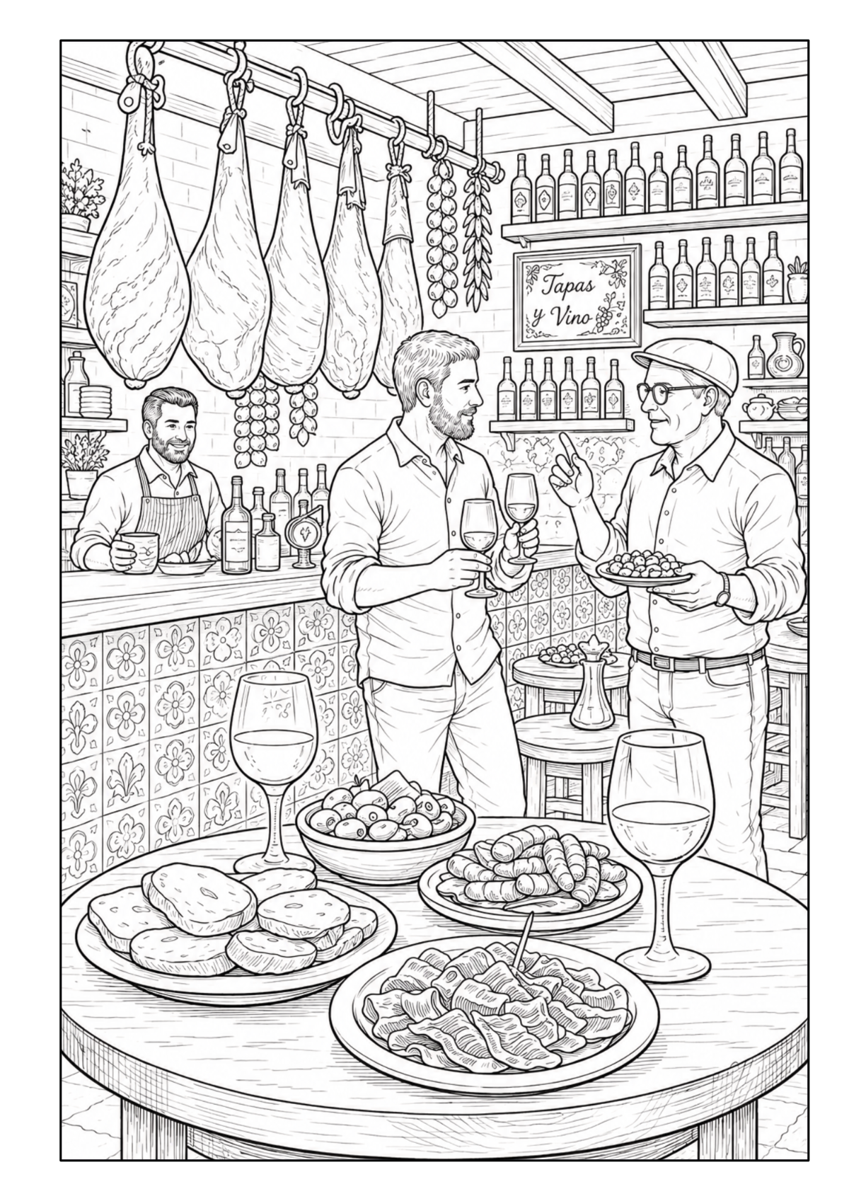 Spanische Bar mit hängenden Schinken, Tapas, Wein und Gästen an der Theke