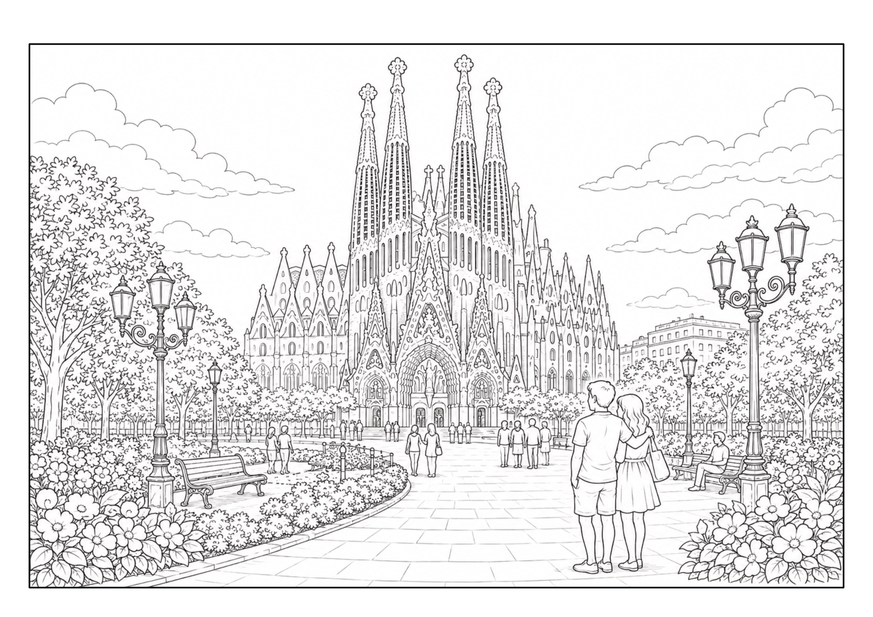 Sagrada Família in Barcelona mit Gartenanlage und Besuchern im Vordergrund