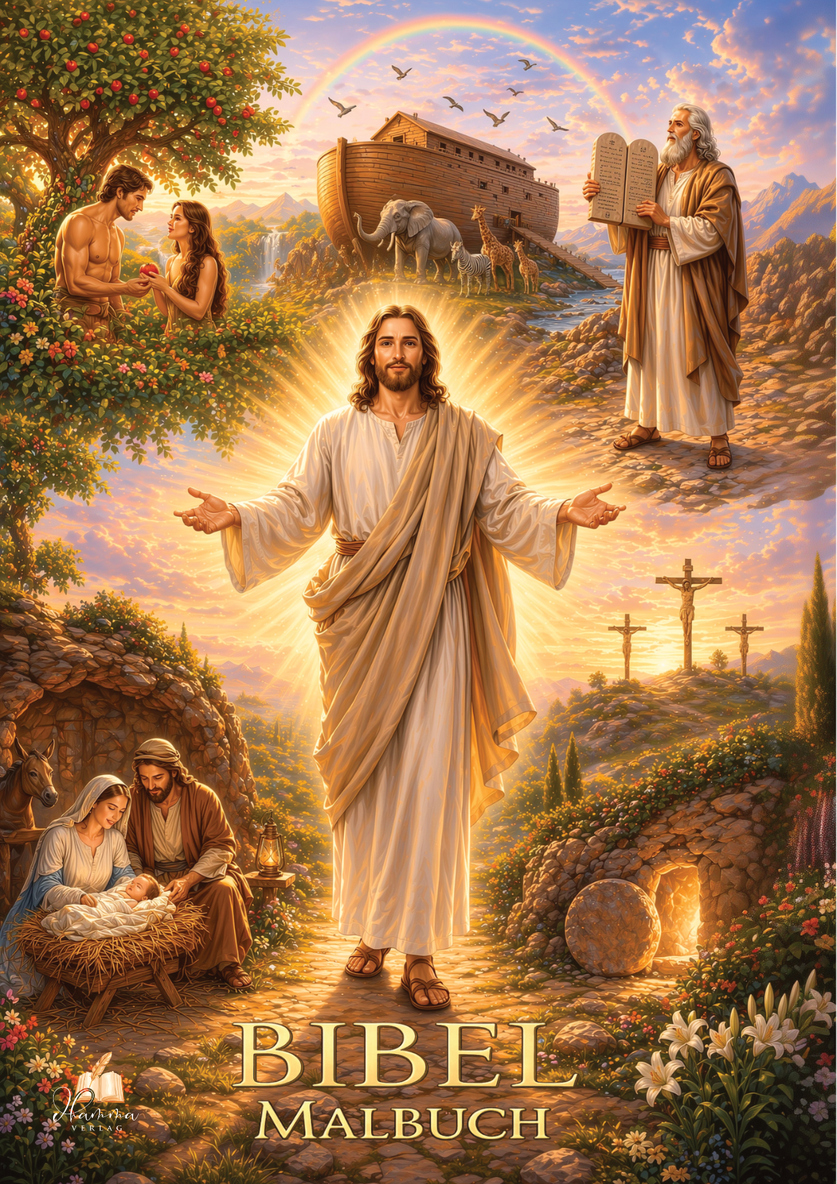 Cover mit Jesus im Mittelpunkt sowie Adam und Eva, Noahs Arche, Mose und der Geburt Jesu