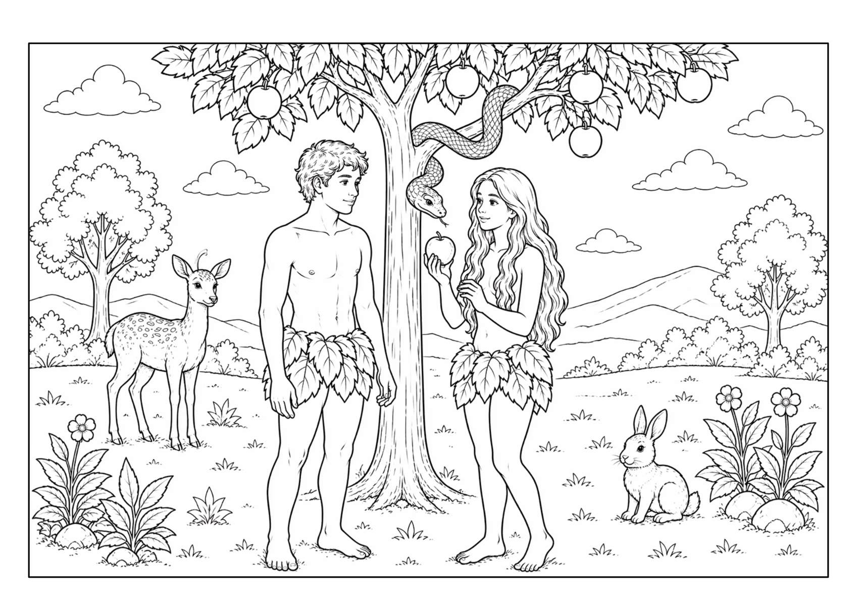 Adam und Eva unter einem Baum im Garten Eden zwischen Tieren und Pflanzen