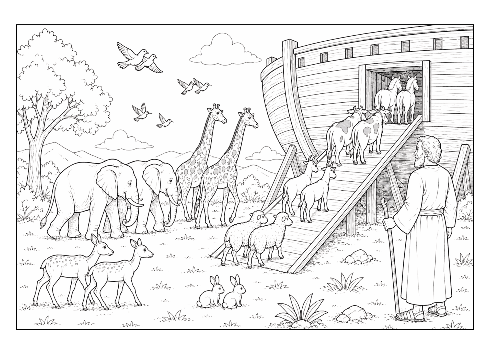 Noah vor seiner Arche, während verschiedene Tiere über eine Rampe an Bord gehen