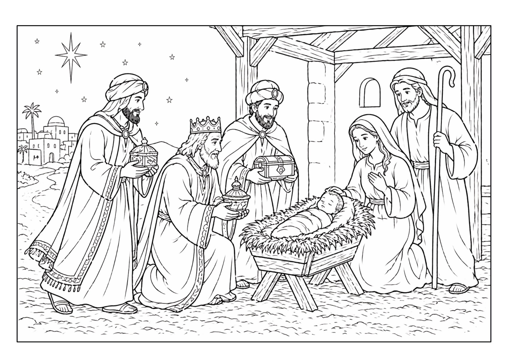 Maria und Josef mit dem Jesuskind in der Krippe bei der Anbetung durch die Weisen
