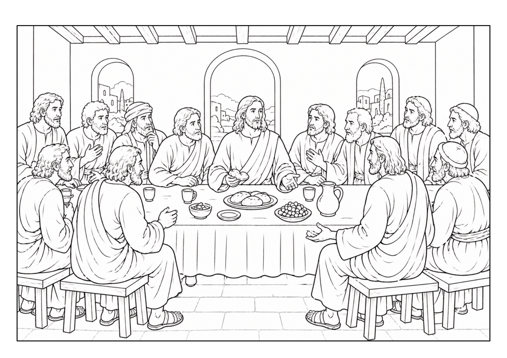 Jesus mit seinen Jüngern beim letzten Abendmahl an einem gedeckten Tisch
