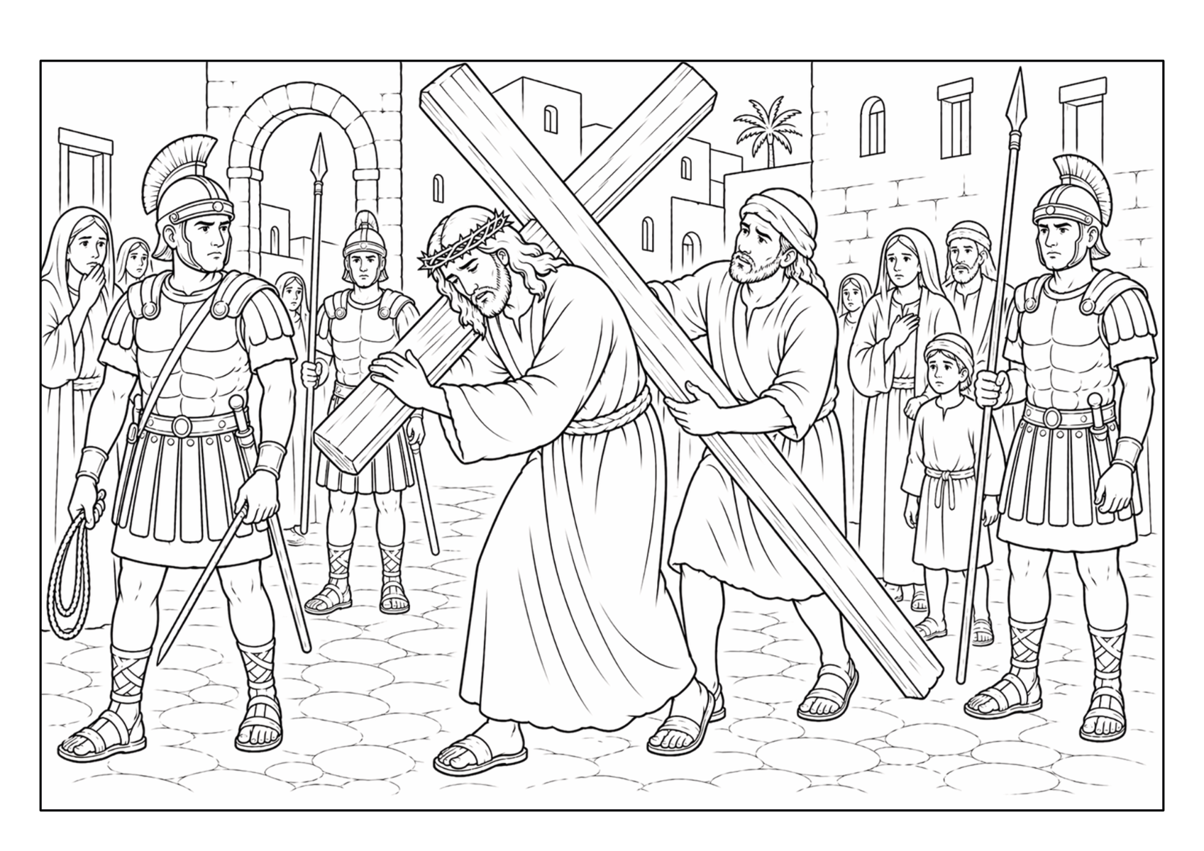 Jesus trägt das Kreuz durch eine Straße, begleitet von Soldaten und weiteren Menschen