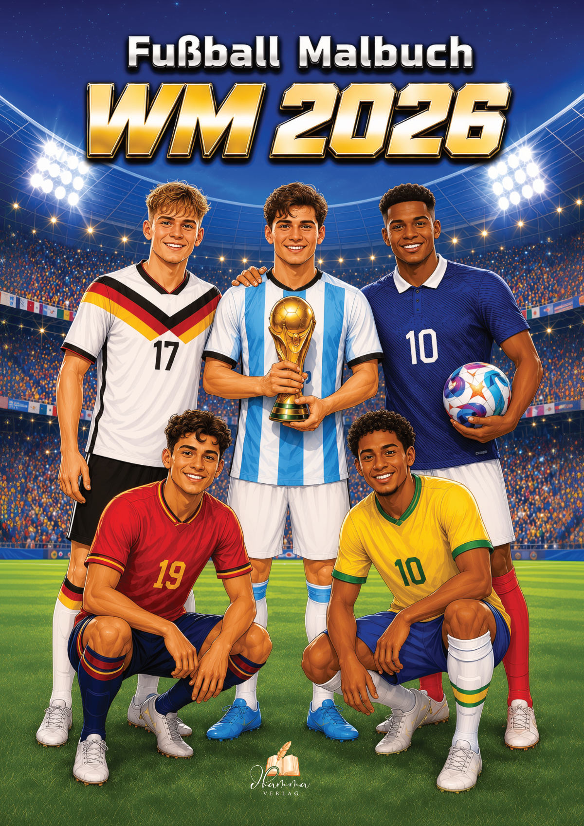 Cover mit fünf Fußballspielern in unterschiedlichen Nationaltrikots und goldenem Pokal in einem beleuchteten Stadion