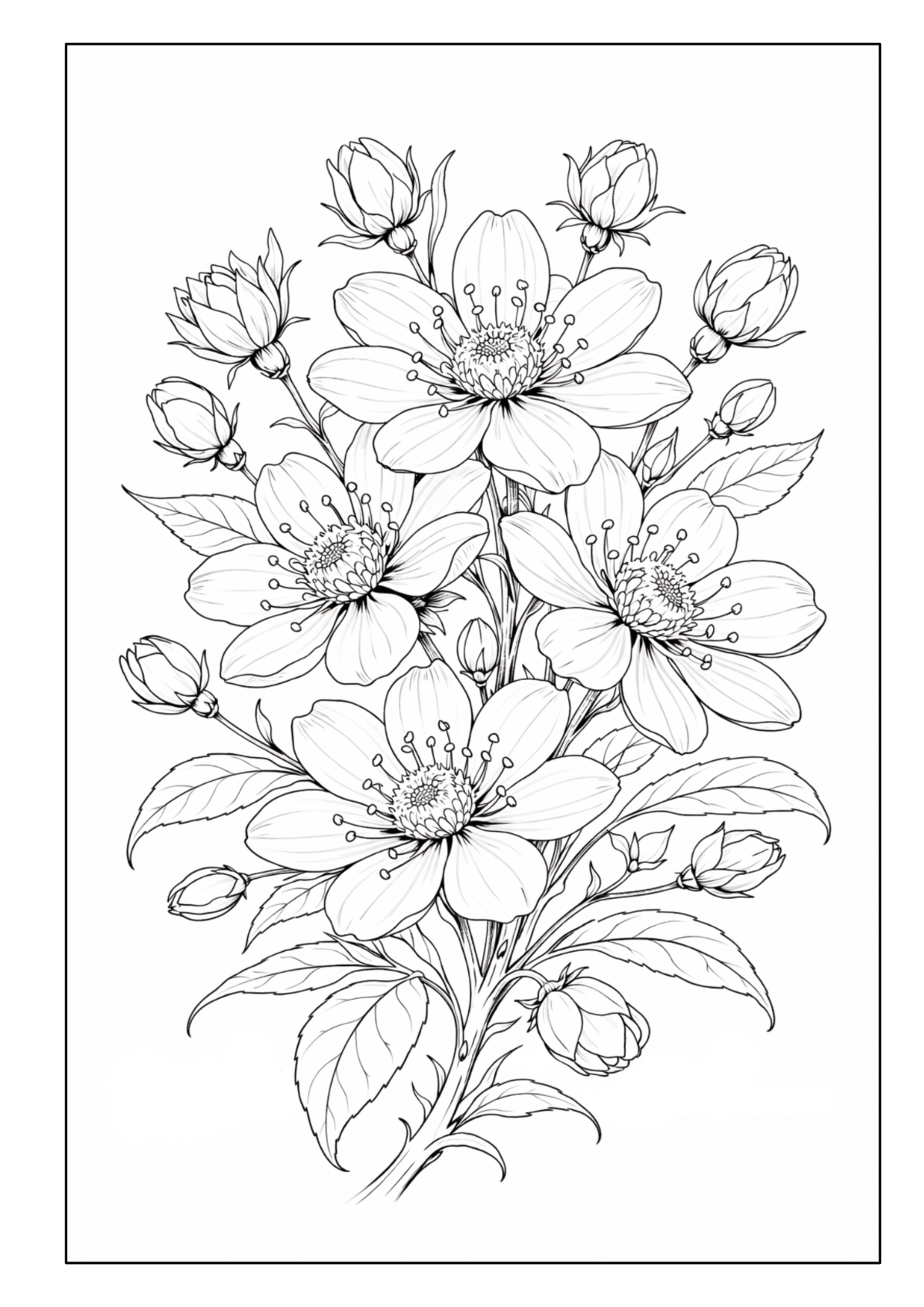 Blütenzweig mit mehreren geöffneten Blumen, Knospen und Blättern