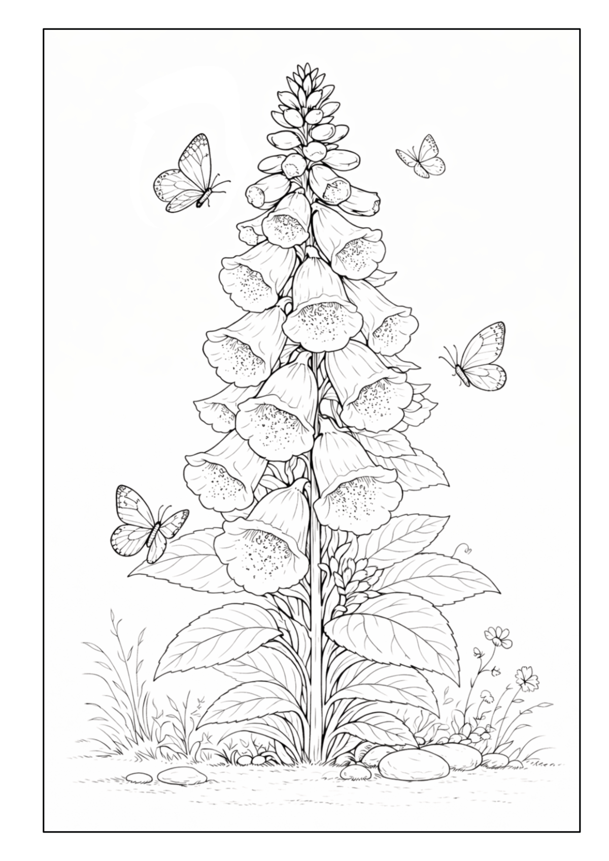 Hoher Blütenstand mit zahlreichen glockenförmigen Blüten und mehreren Schmetterlingen