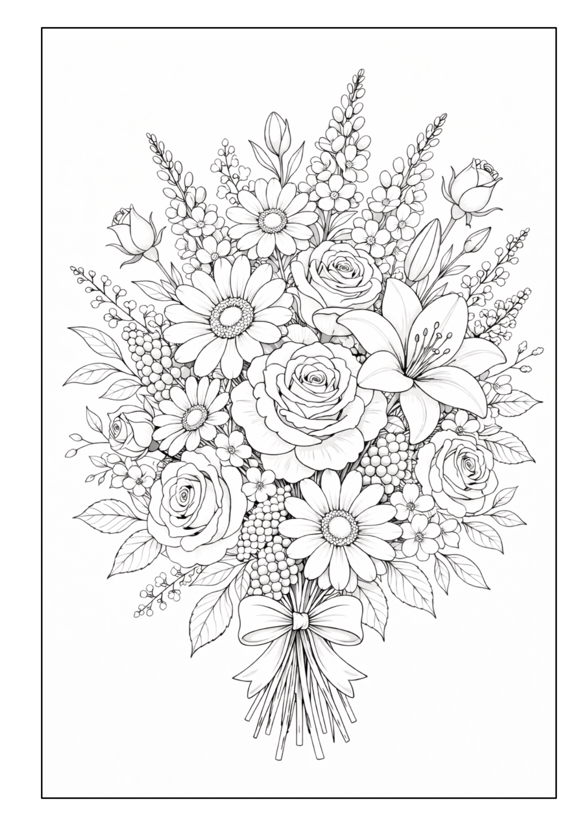 Gebundener Blumenstrauß mit Rosen, Lilie, margeritenartigen Blüten und weiteren Blumen