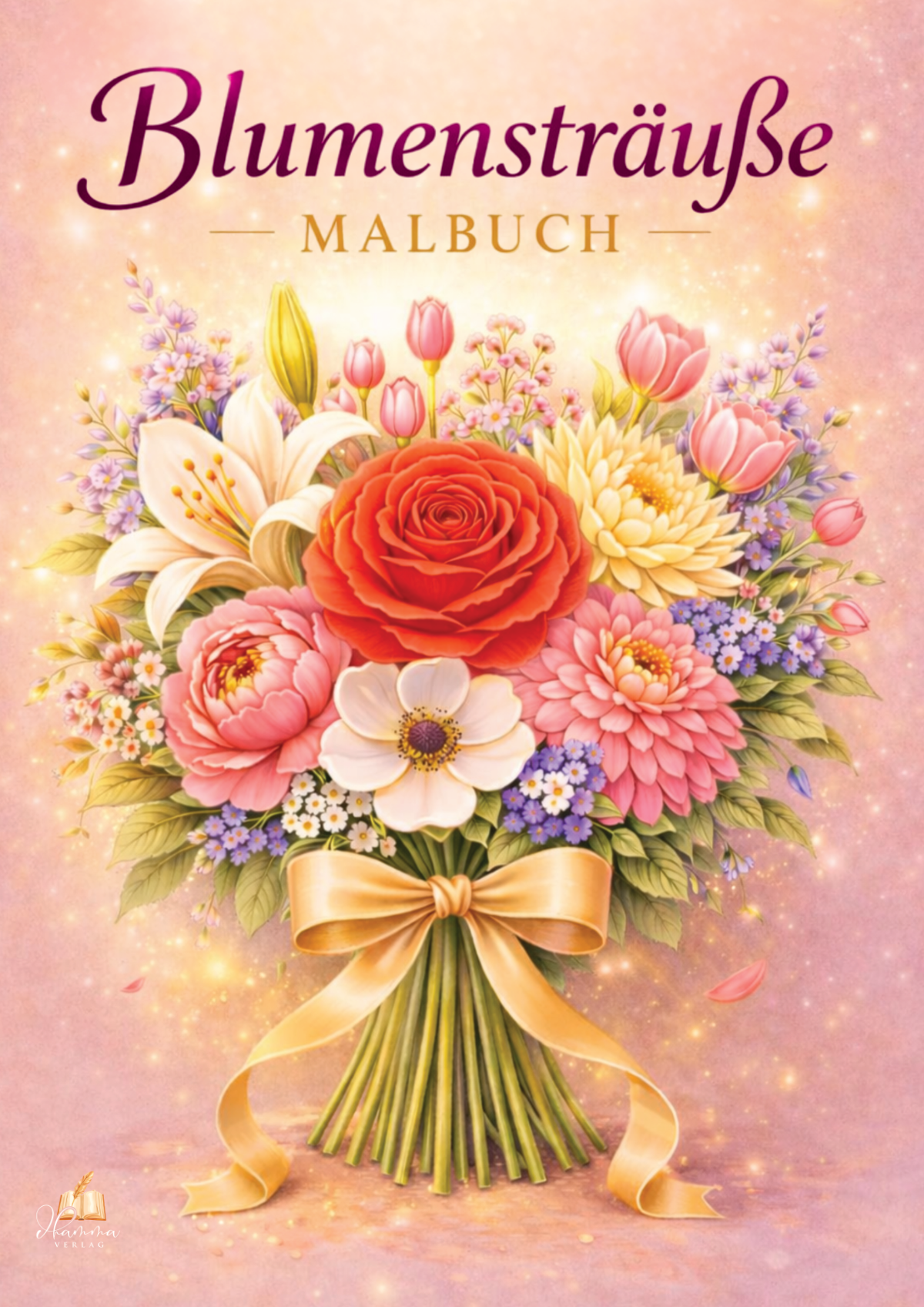 Cover mit großem farbenfrohem Blumenstrauß aus Rosen, Lilien, Tulpen und weiteren Blüten mit goldener Schleife