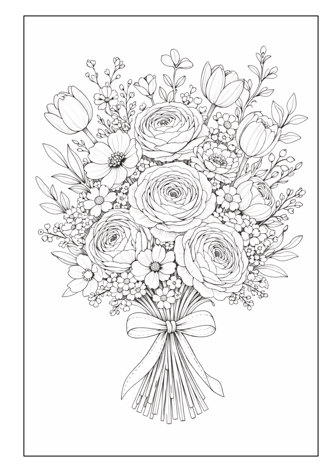 Gebundener Blumenstrauß mit mehreren Rosen, Tulpen, kleinen Blüten und Schleife