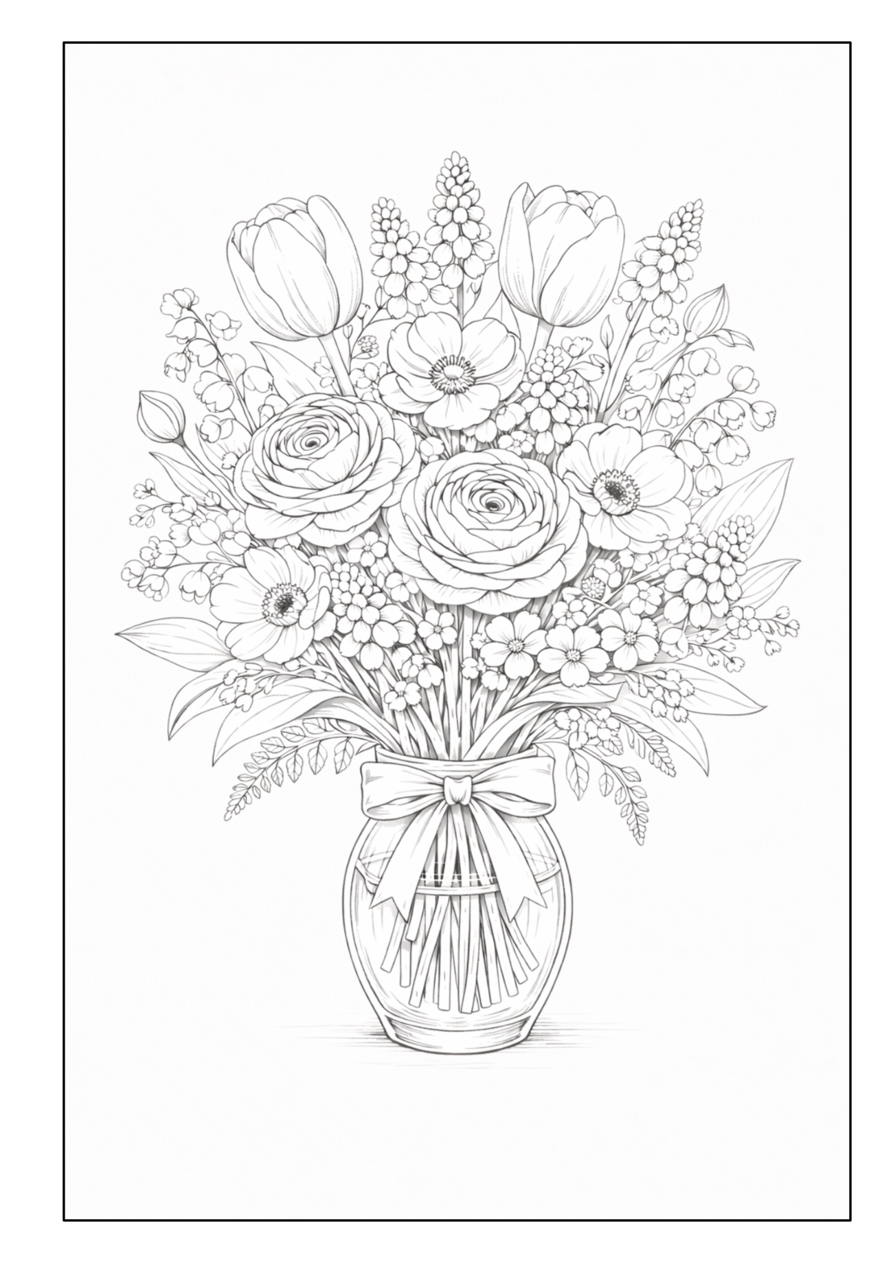 Blumenstrauß in einem Glasgefäß mit Rosen, Tulpen und kleinen Blüten