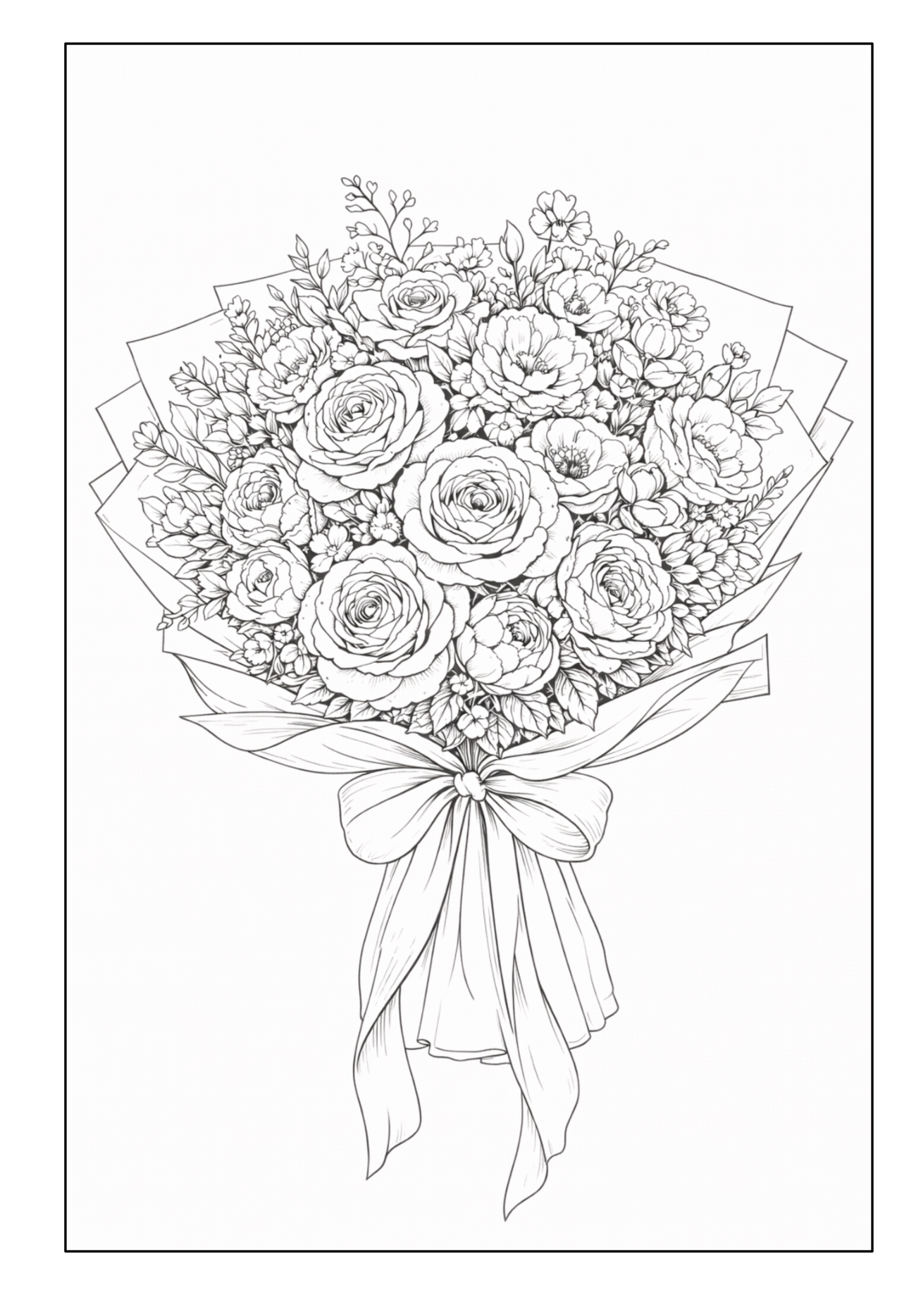 Runder Blumenstrauß mit Rosen und vielen kleinen Blüten, eingewickelt in Papier und mit Schleife gebunden