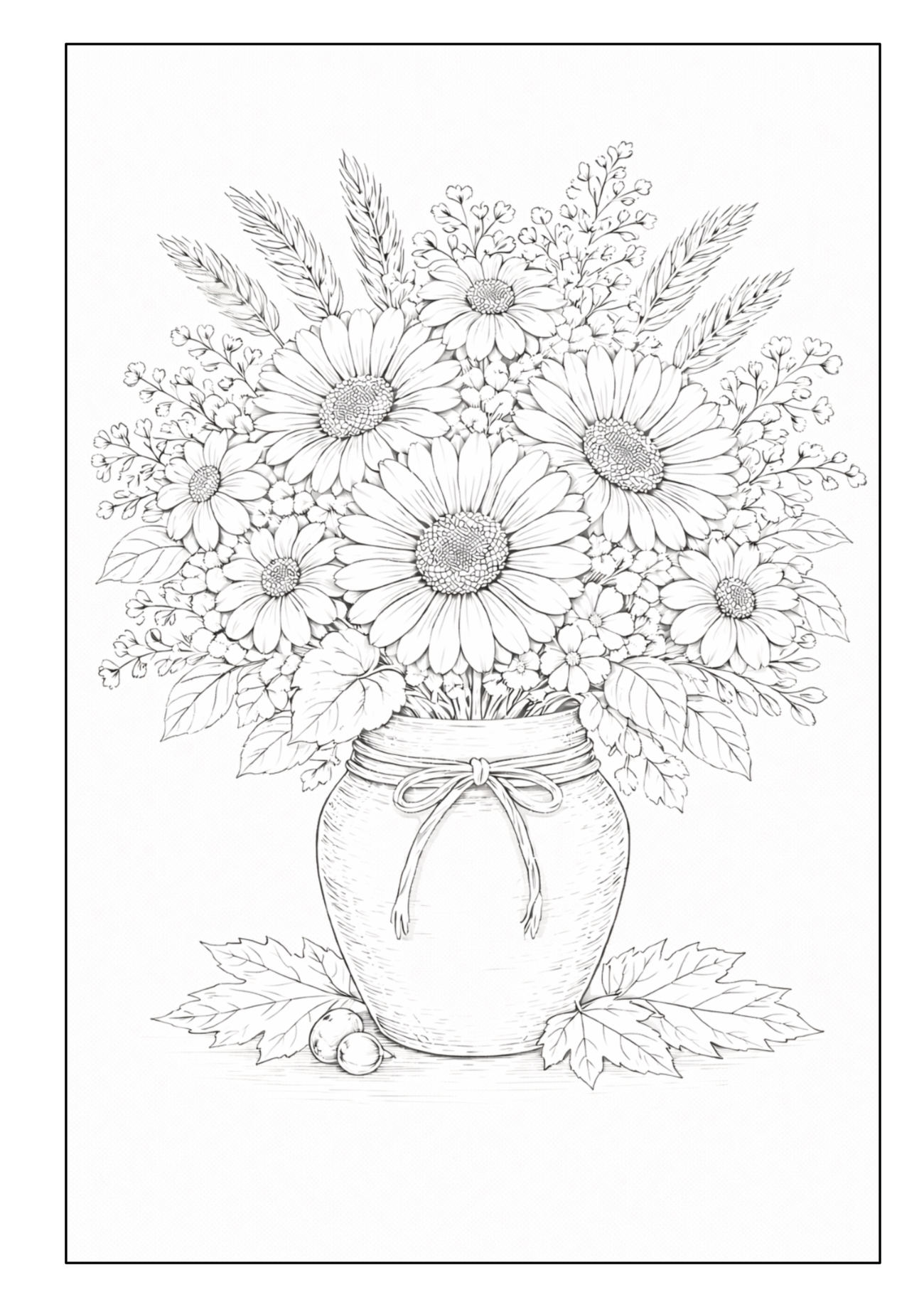 Blumenstrauß in einem Glas mit großen margeritenartigen Blüten, kleinen Blumen und Gräsern