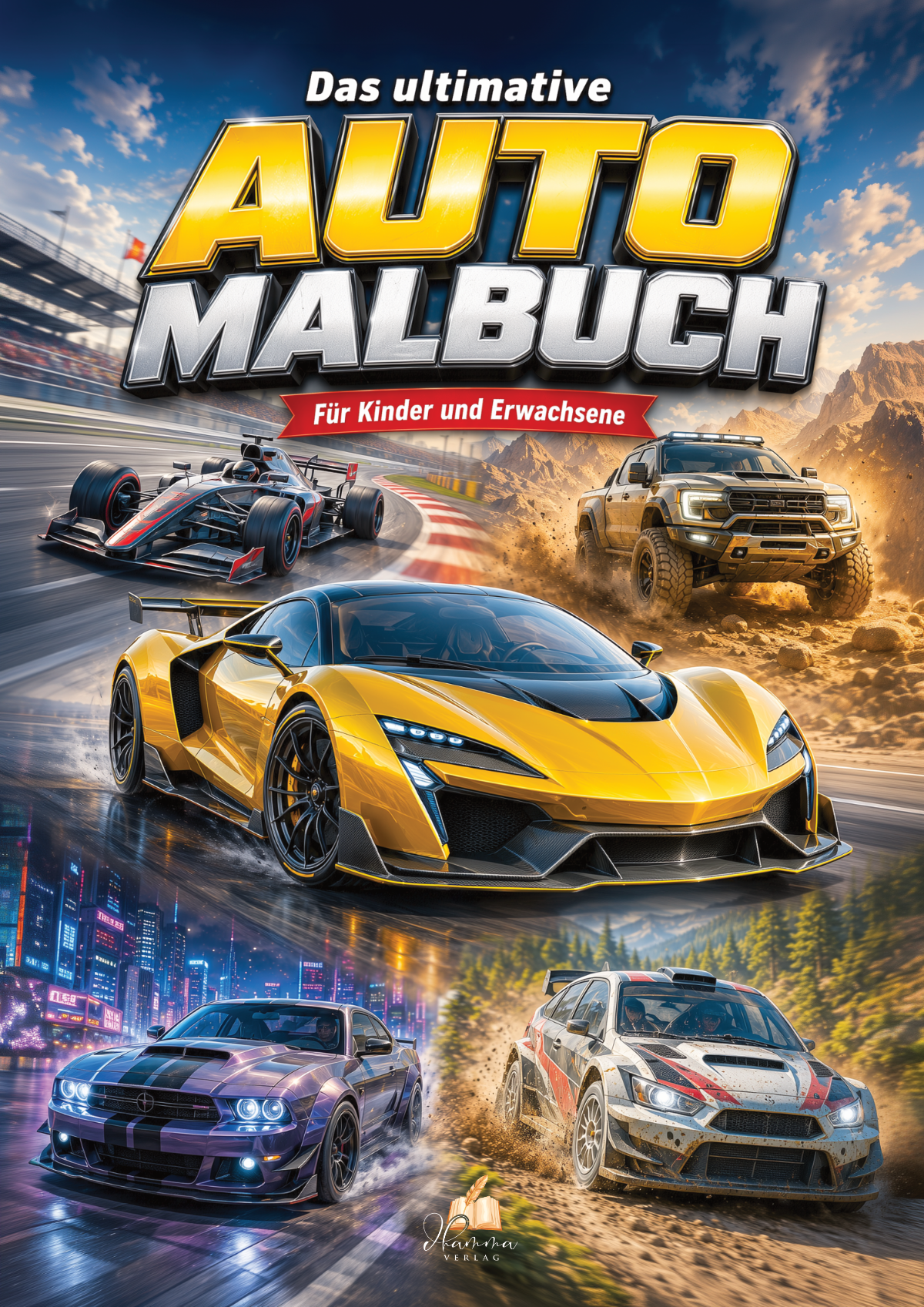 Cover mit gelbem Sportwagen sowie weiteren Renn-, Rallye- und Geländefahrzeugen auf Straße und Offroad-Strecke