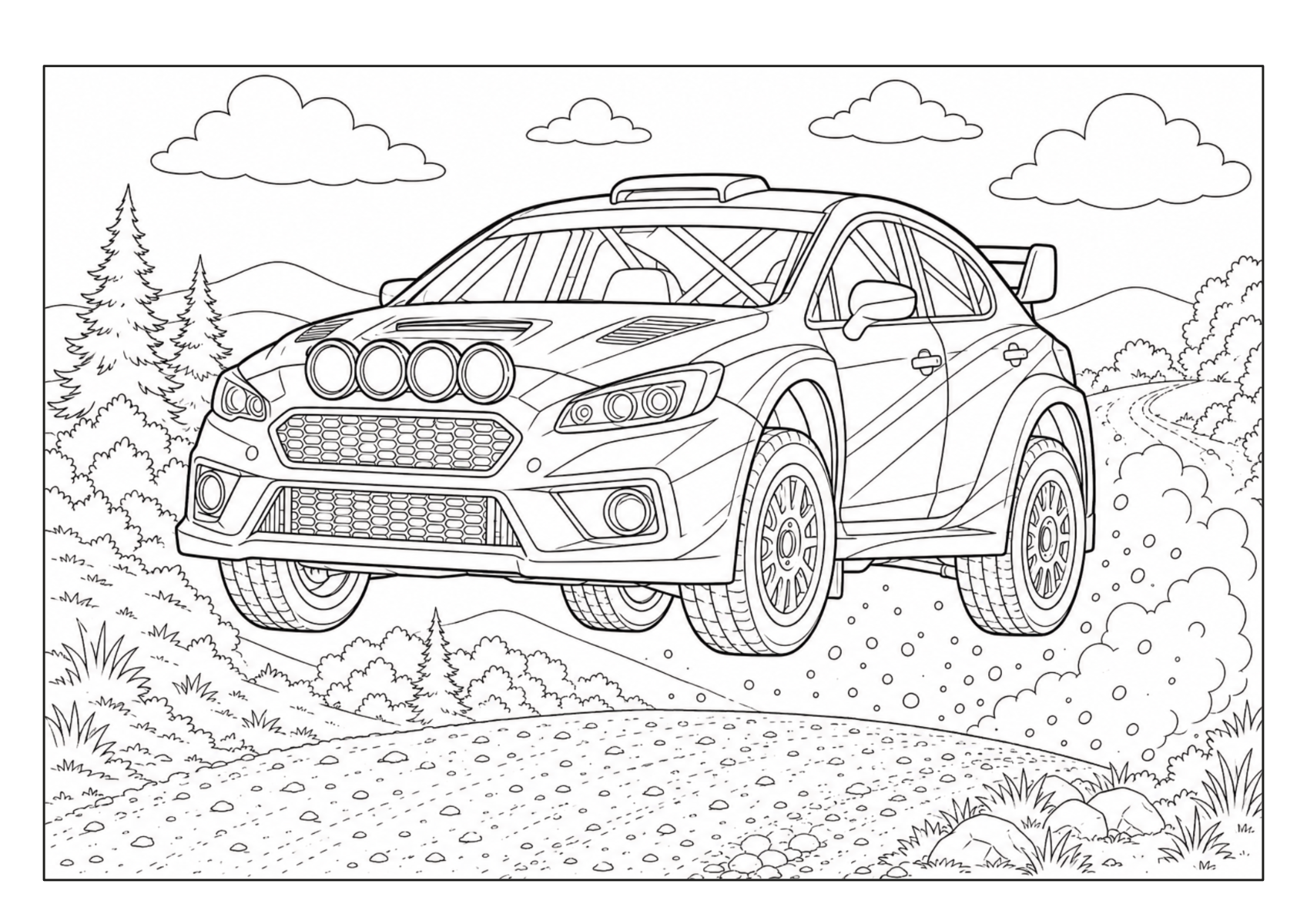 Rallyeauto mit Zusatzscheinwerfern auf einem Schotterweg zwischen Bäumen