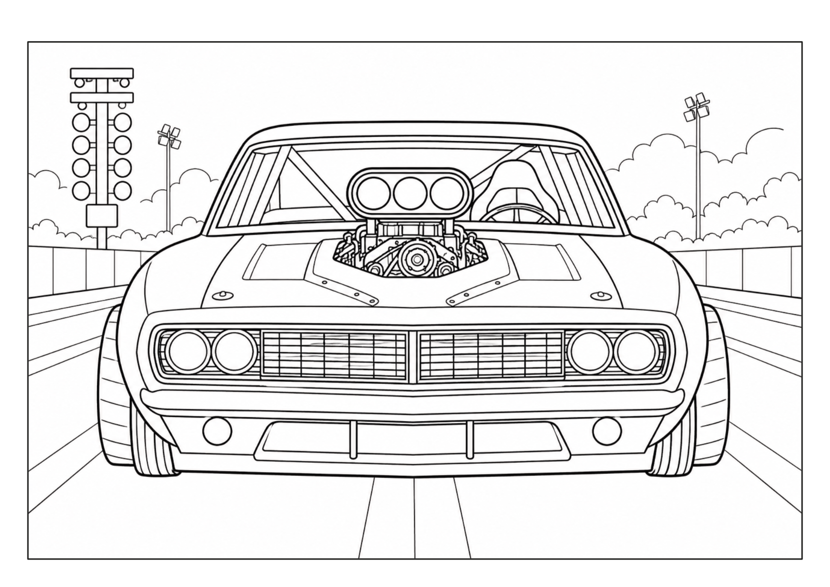 Breites Muscle Car mit offen sichtbarem Motor auf einer Rennstrecke