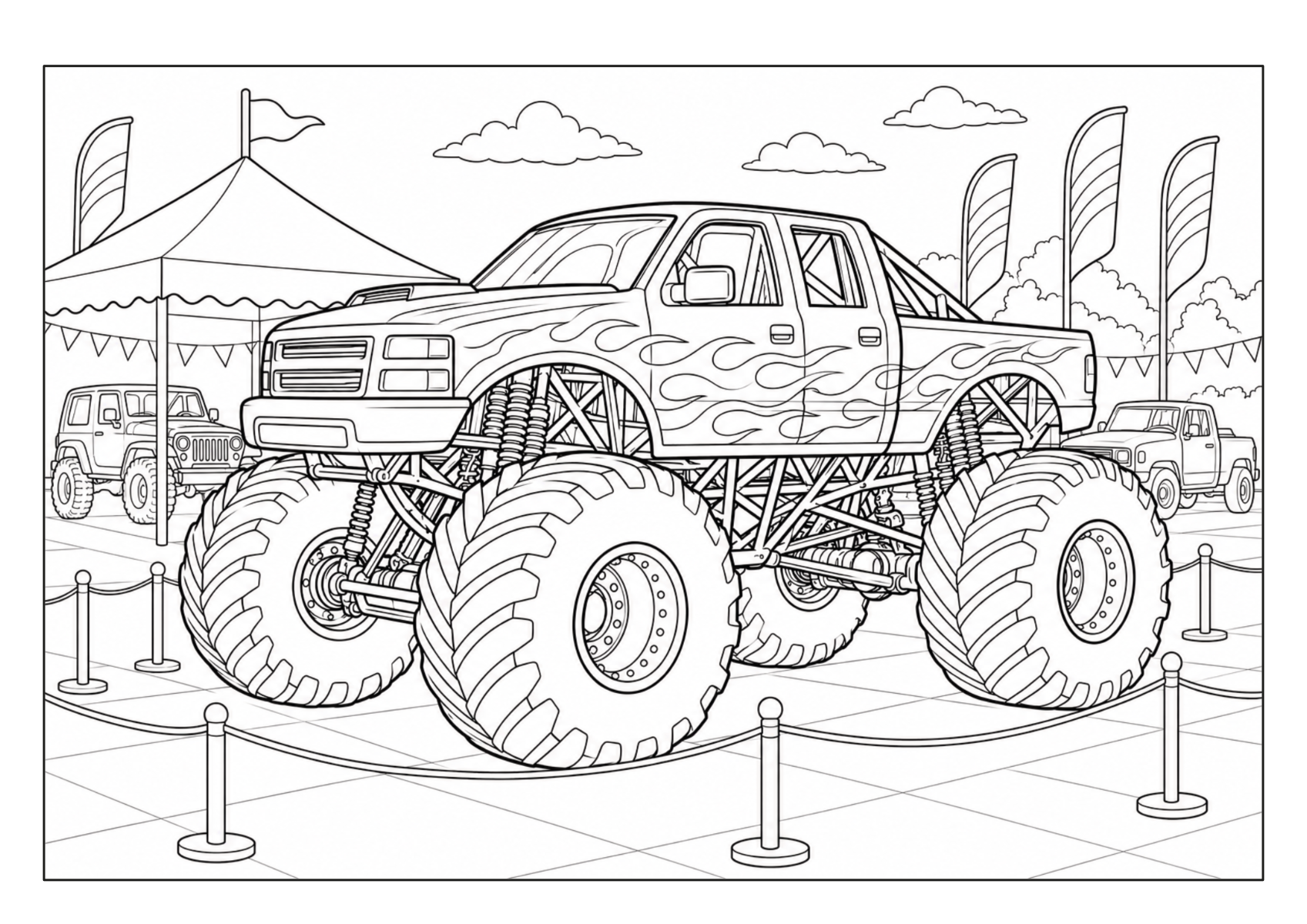 Monstertruck mit großen Reifen auf einer abgesperrten Ausstellungsfläche