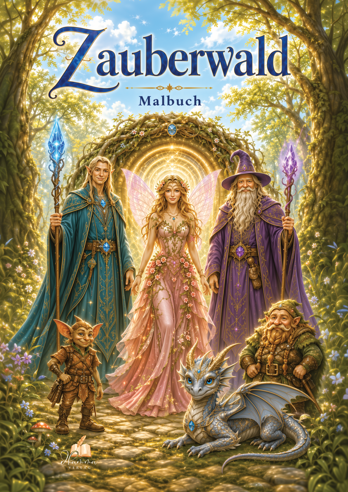 Cover mit Elfen, Fee, Zauberer, Zwerg, kleinem Drachen und weiteren Fabelwesen in einem leuchtenden Zauberwald