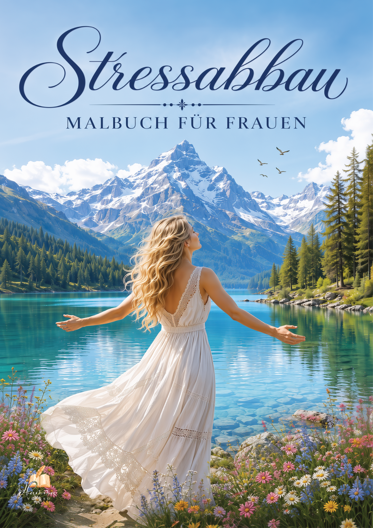 Cover mit Frau in weißem Kleid an einem Bergsee zwischen Blumen und bewaldeten Bergen