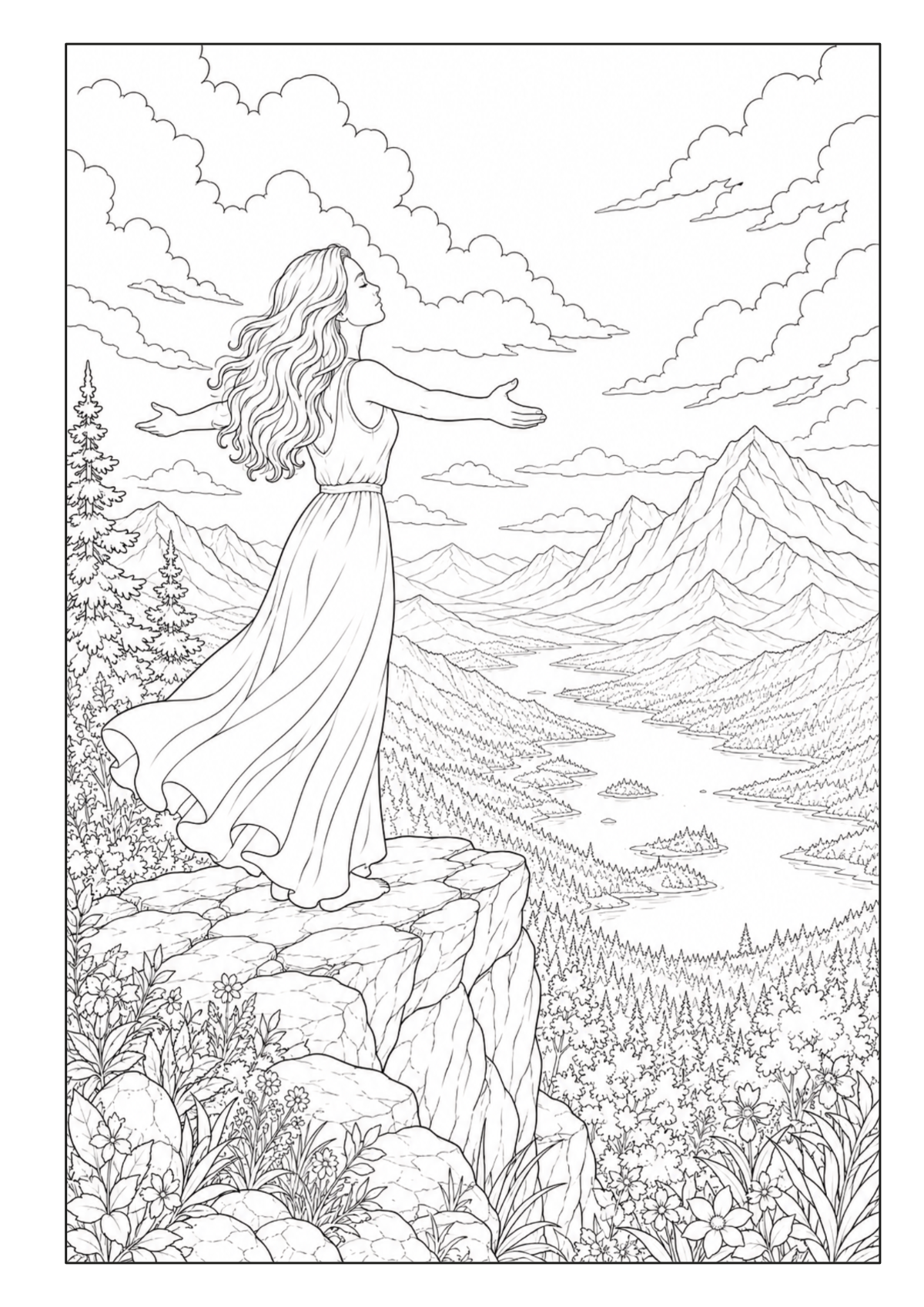 Frau mit ausgebreiteten Armen auf einem Felsen mit Blick über eine weite Berglandschaft