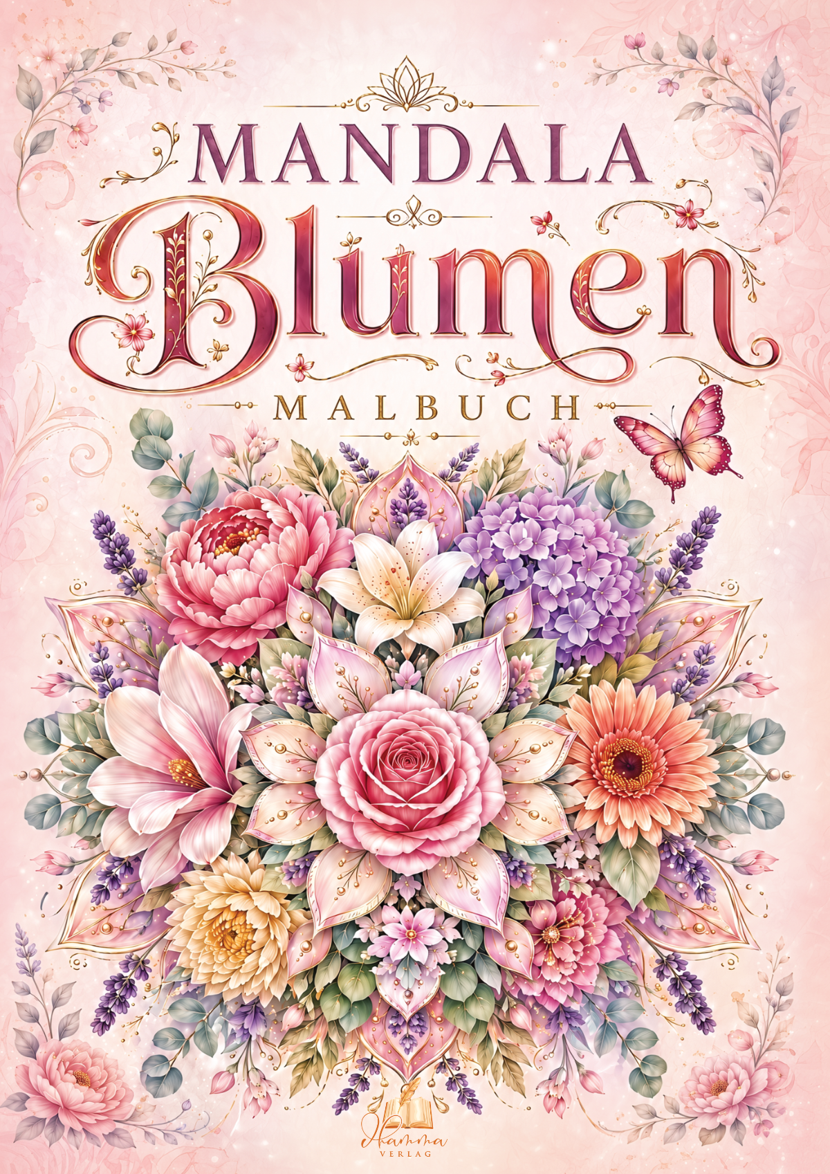 Cover mit großem farbenfrohem Blumenstrauß aus verschiedenen Blüten, Schmetterling und ornamentalen Details
