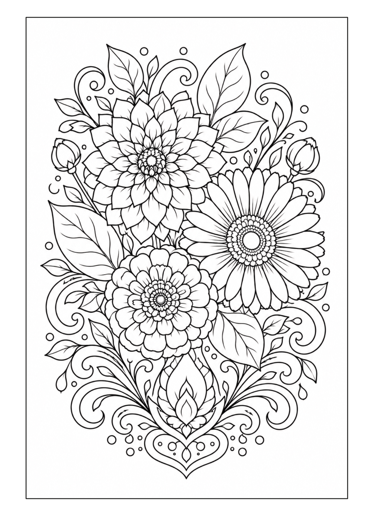 Dichtes Blütenarrangement mit großen und kleinen Blumen, Blättern und ornamentalen Formen