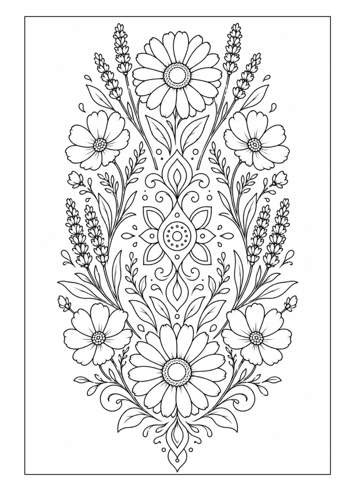 Symmetrisches Blumenornament mit großen Blüten, kleinen Zweigen und dekorativen Mustern